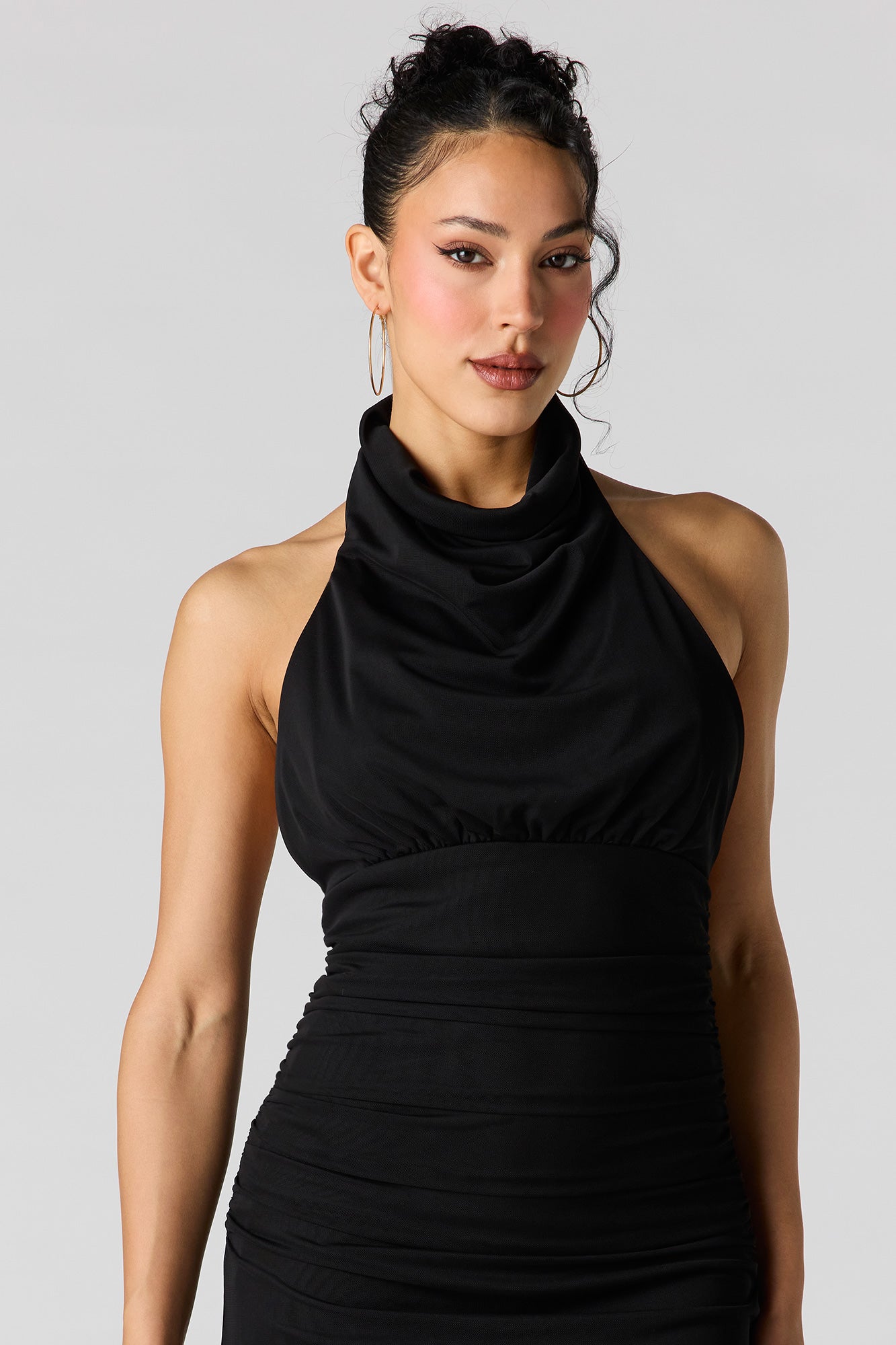 Mesh Cowl Neck Maxi Halter Dress