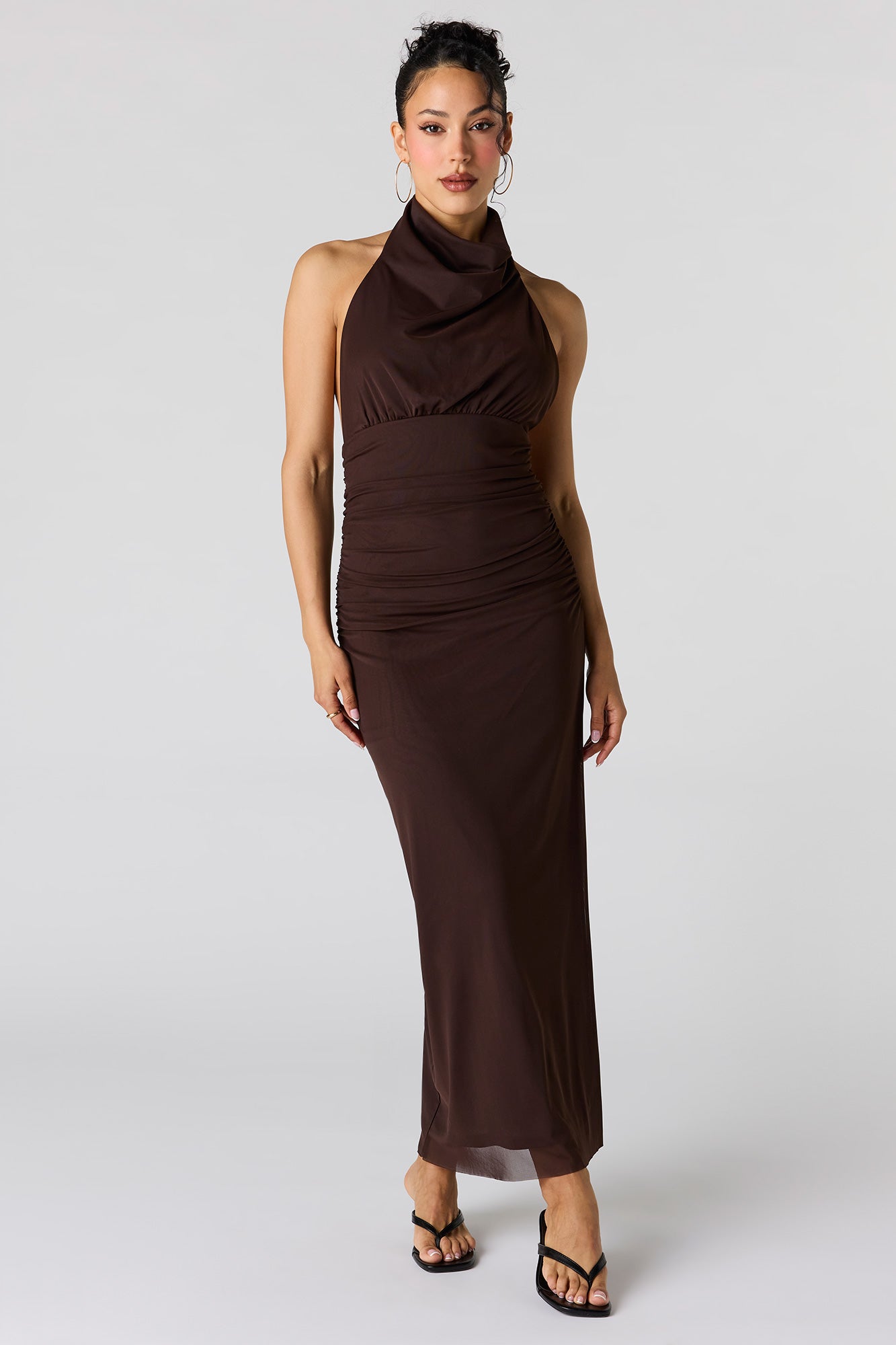 Mesh Cowl Neck Maxi Halter Dress