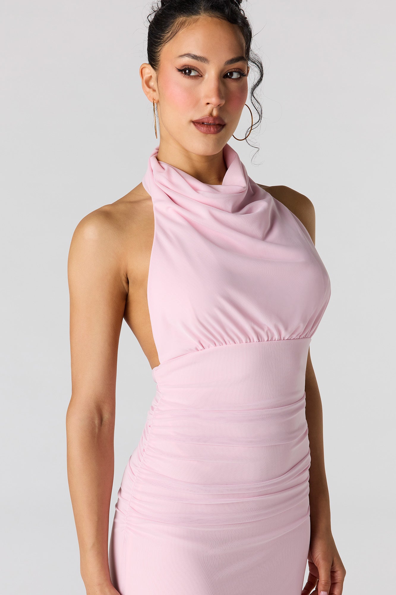 Mesh Cowl Neck Maxi Halter Dress