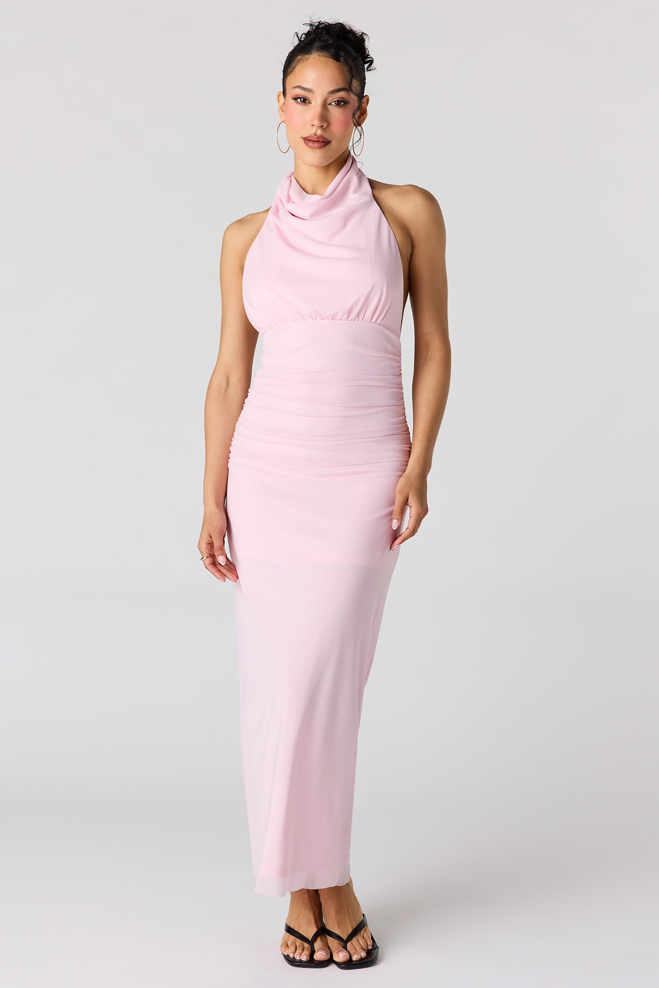 Mesh Cowl Neck Maxi Halter Dress