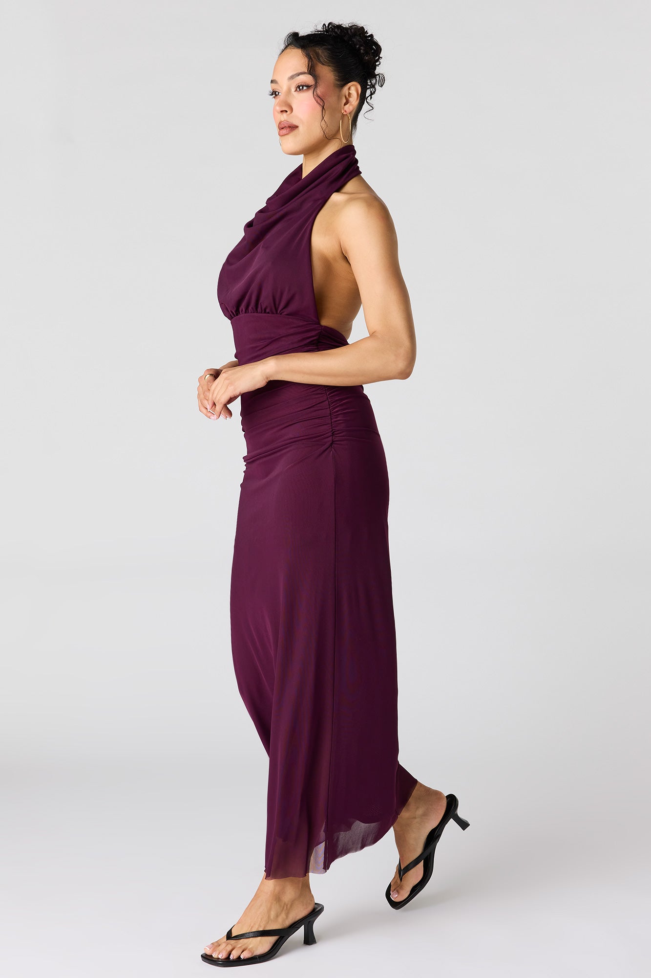 Mesh Cowl Neck Maxi Halter Dress