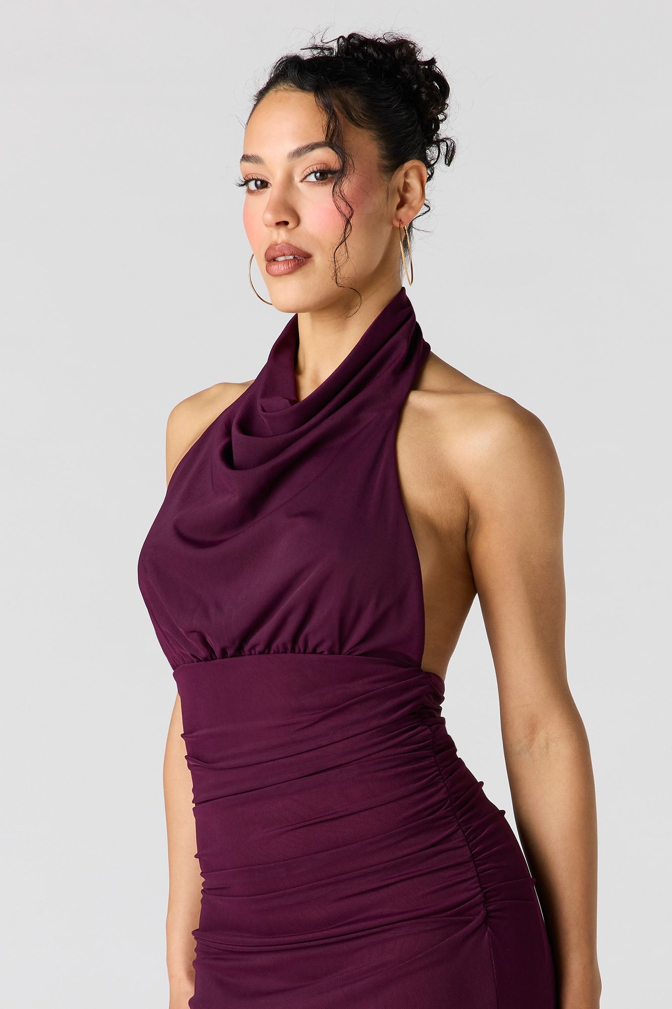 Mesh Cowl Neck Maxi Halter Dress