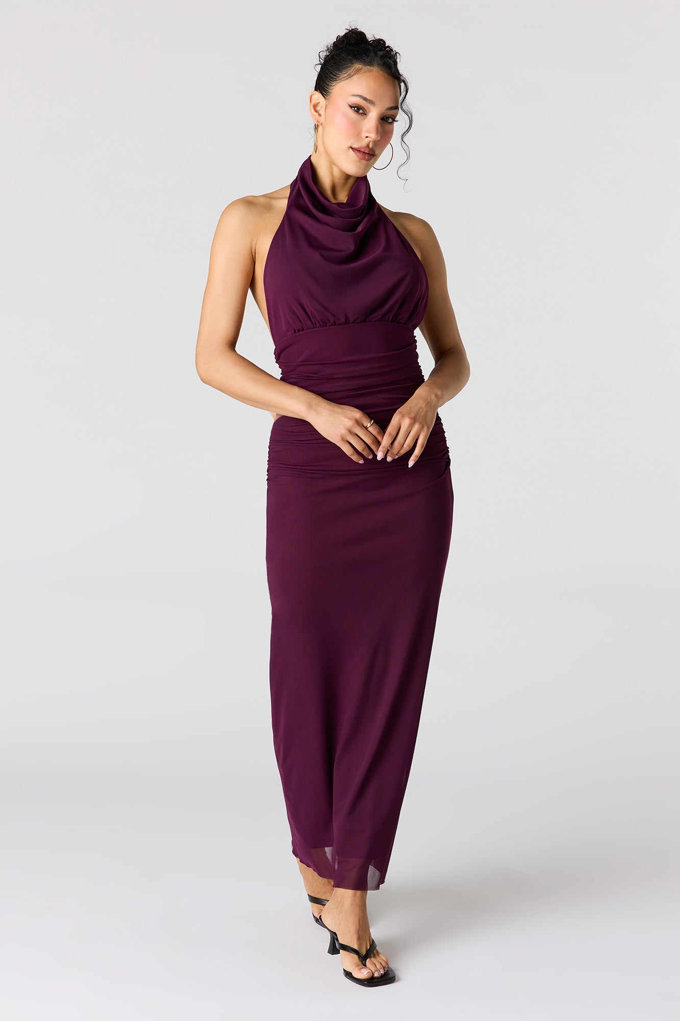 Mesh Cowl Neck Maxi Halter Dress