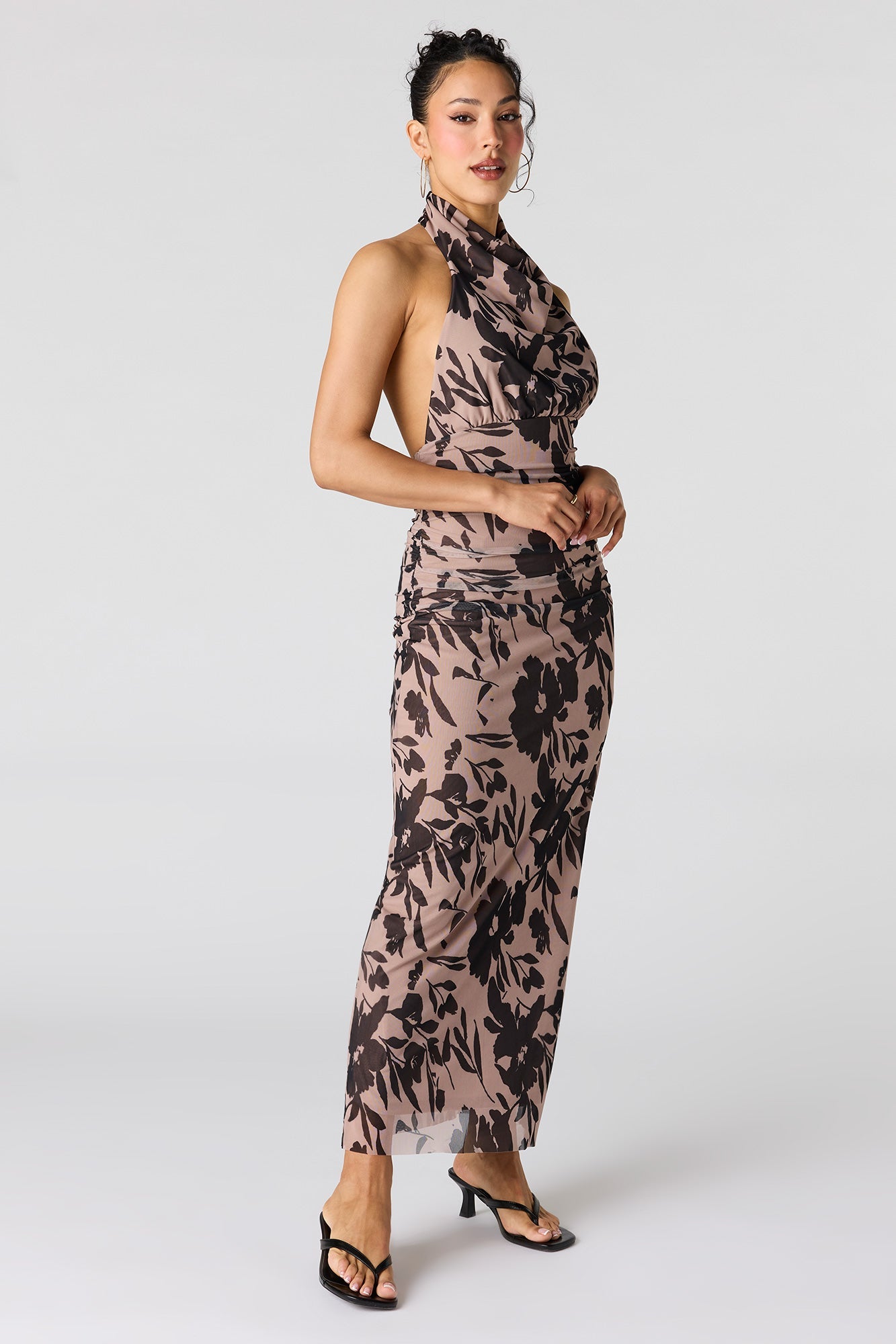 Mesh Cowl Neck Maxi Halter Dress