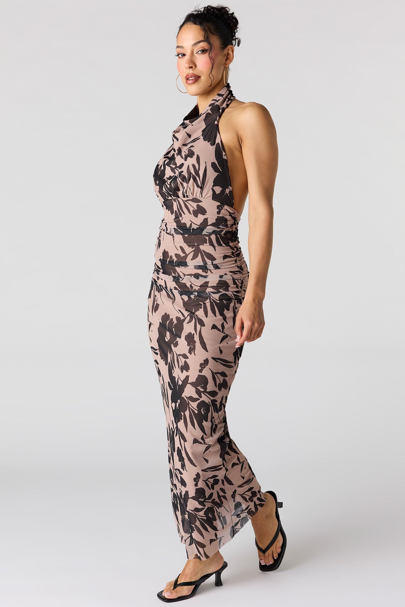 Mesh Cowl Neck Maxi Halter Dress