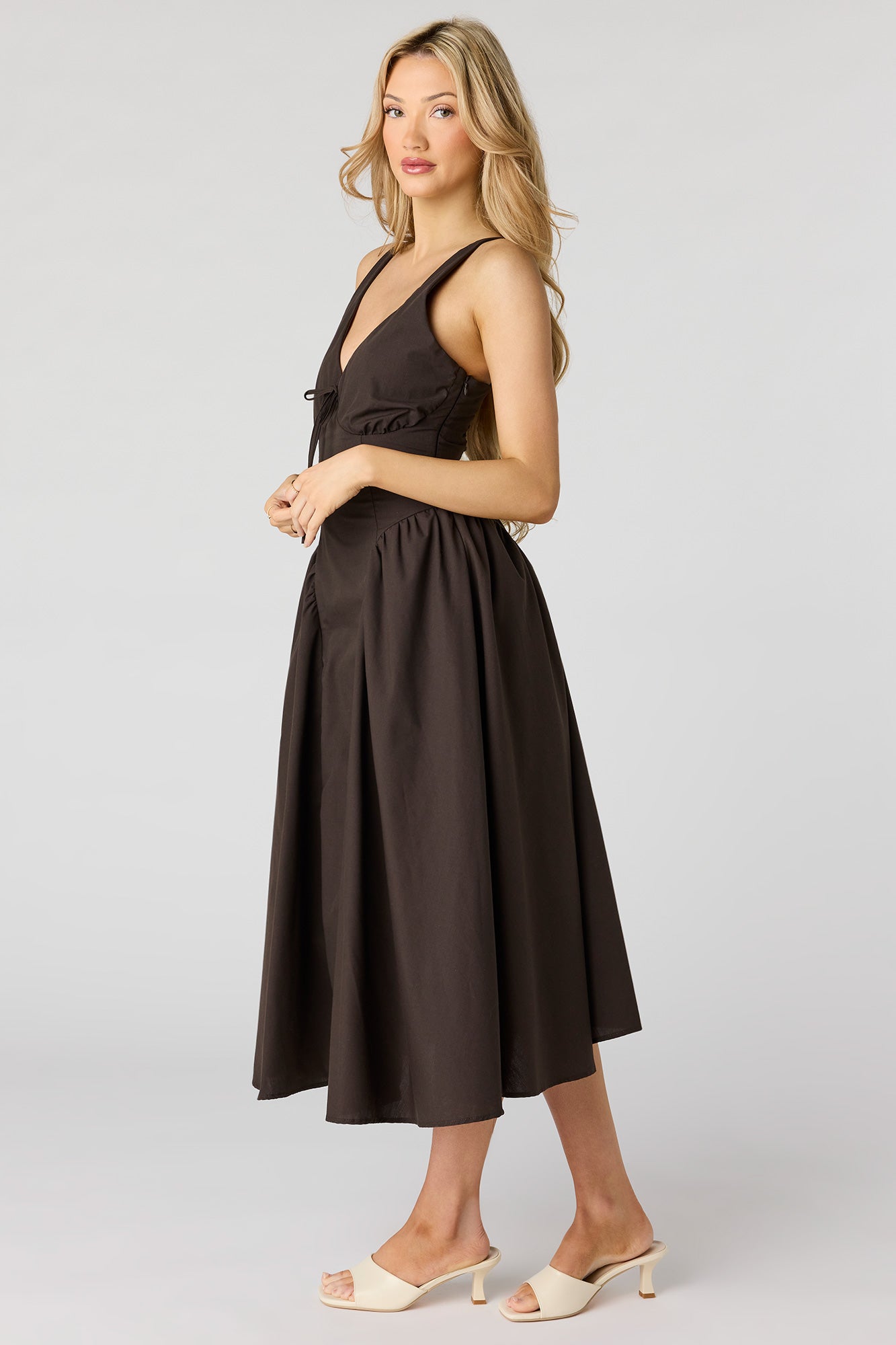 V-Neck Lace-Up Back Midi Dress