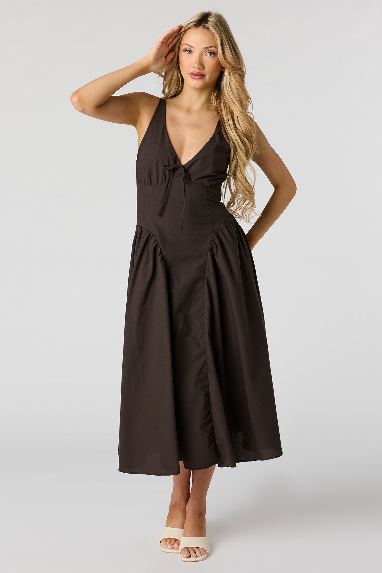 V-Neck Lace-Up Back Midi Dress