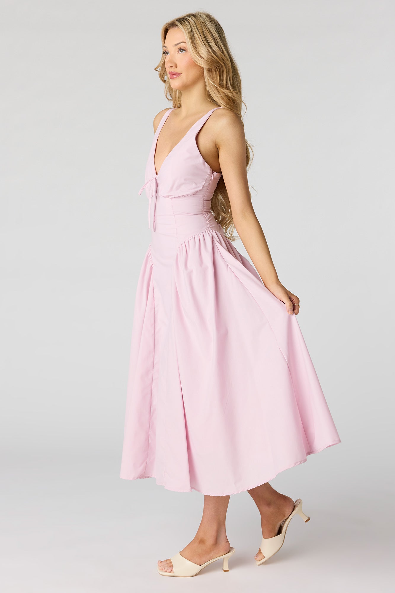 V-Neck Lace-Up Back Midi Dress