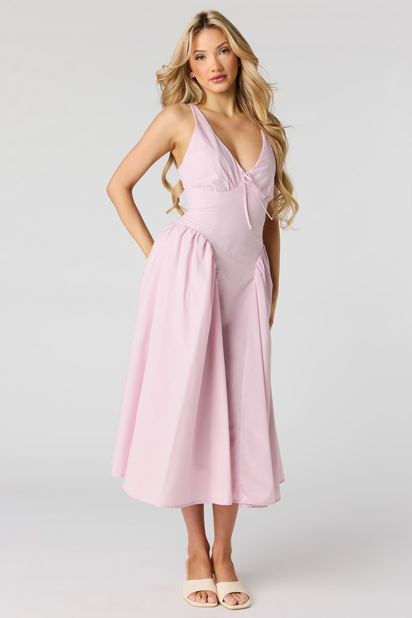V-Neck Lace-Up Back Midi Dress