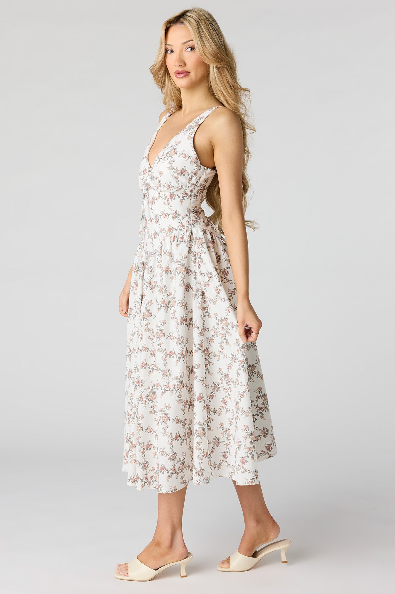 V-Neck Lace-Up Back Midi Dress