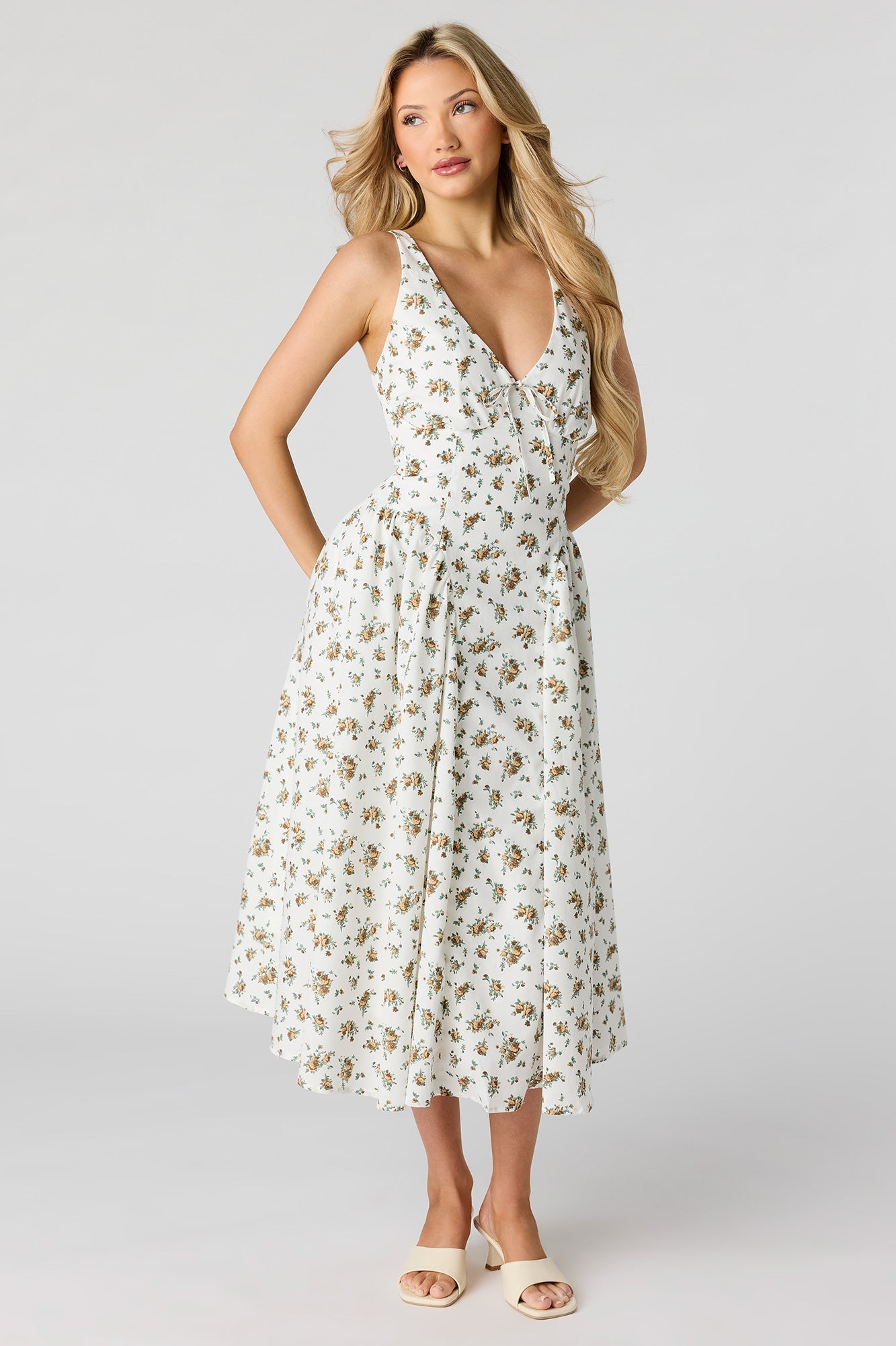 V-Neck Lace-Up Back Midi Dress