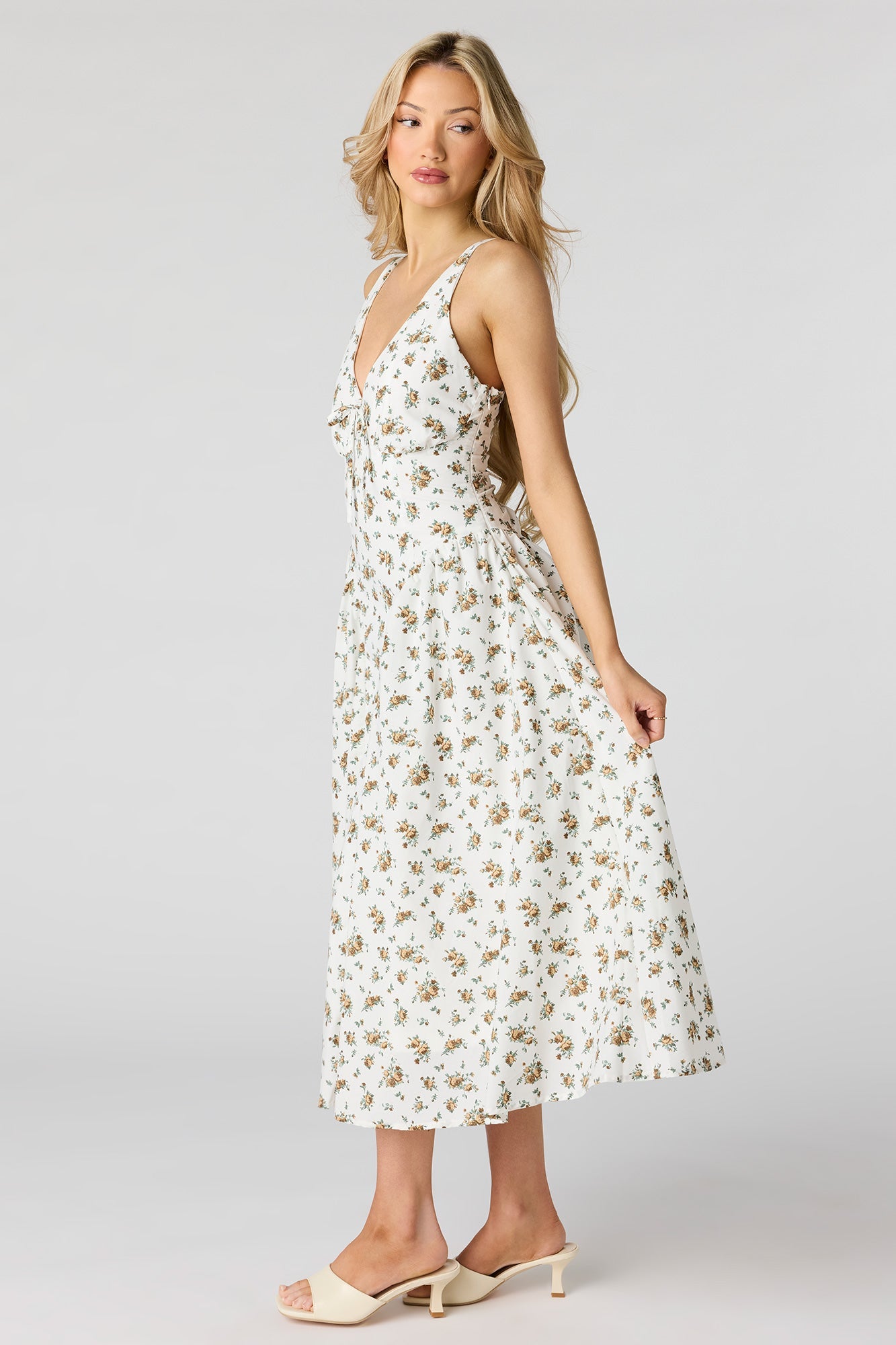 V-Neck Lace-Up Back Midi Dress