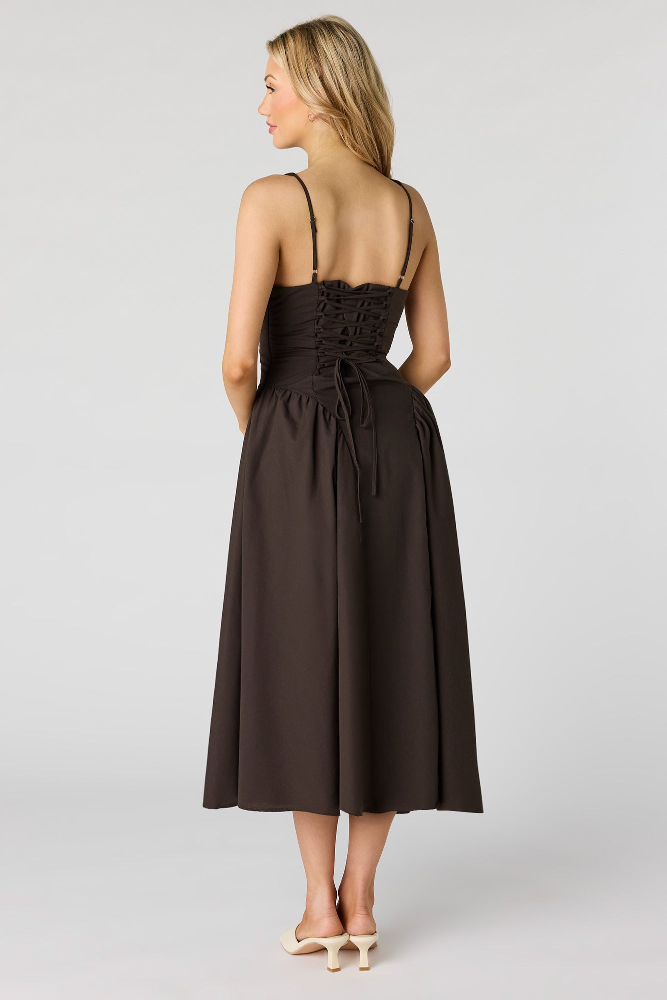V-Neck Lace-Up Back Midi Dress