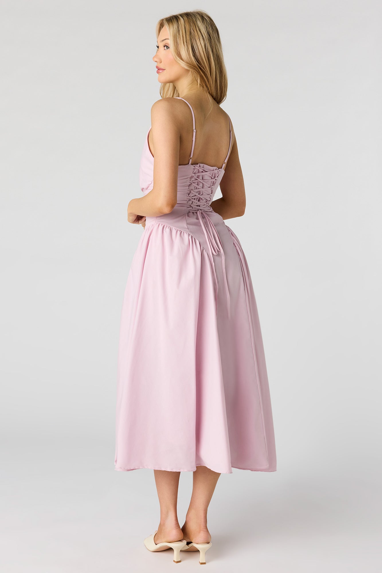 V-Neck Lace-Up Back Midi Dress