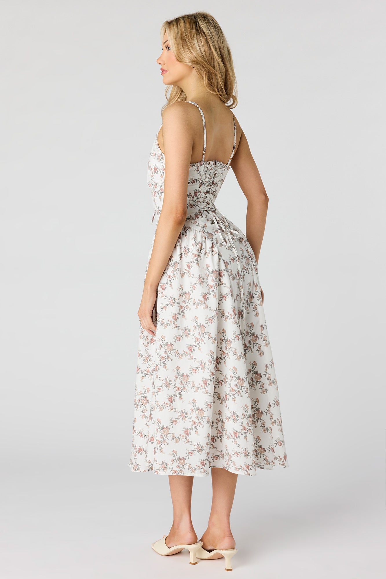 V-Neck Lace-Up Back Midi Dress