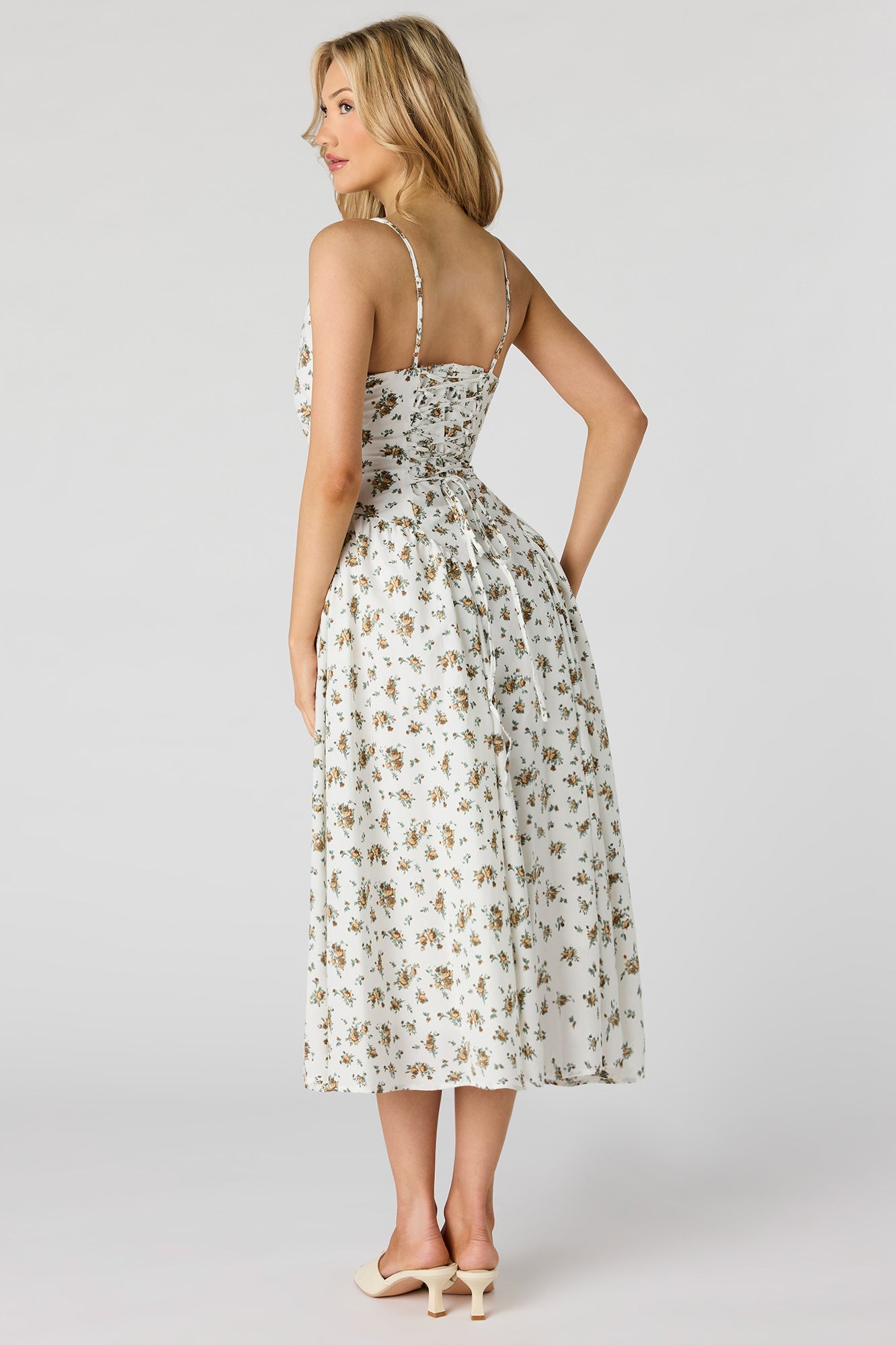 V-Neck Lace-Up Back Midi Dress