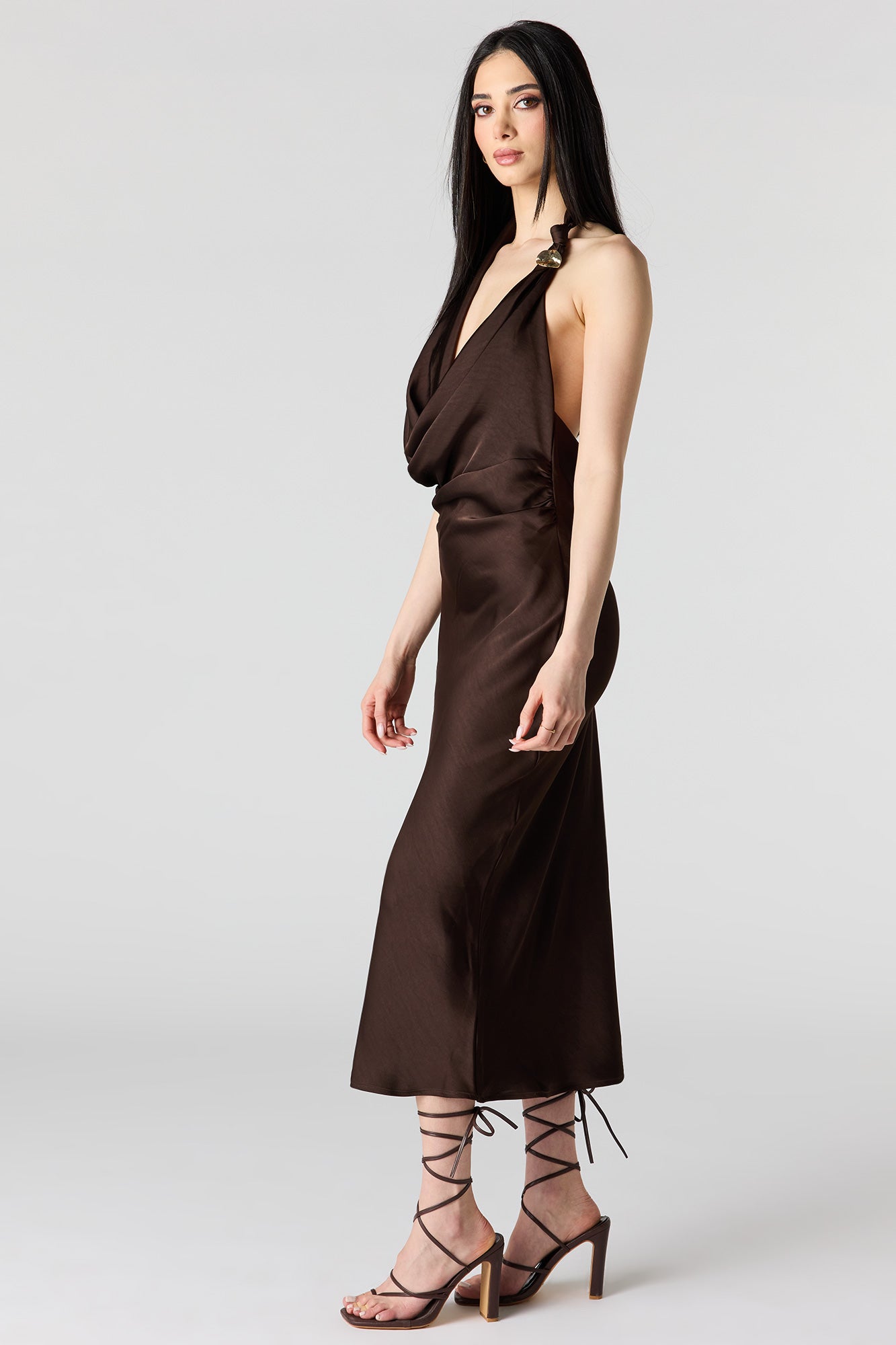 Satin Cowlneck Metal Ring Midi Dress