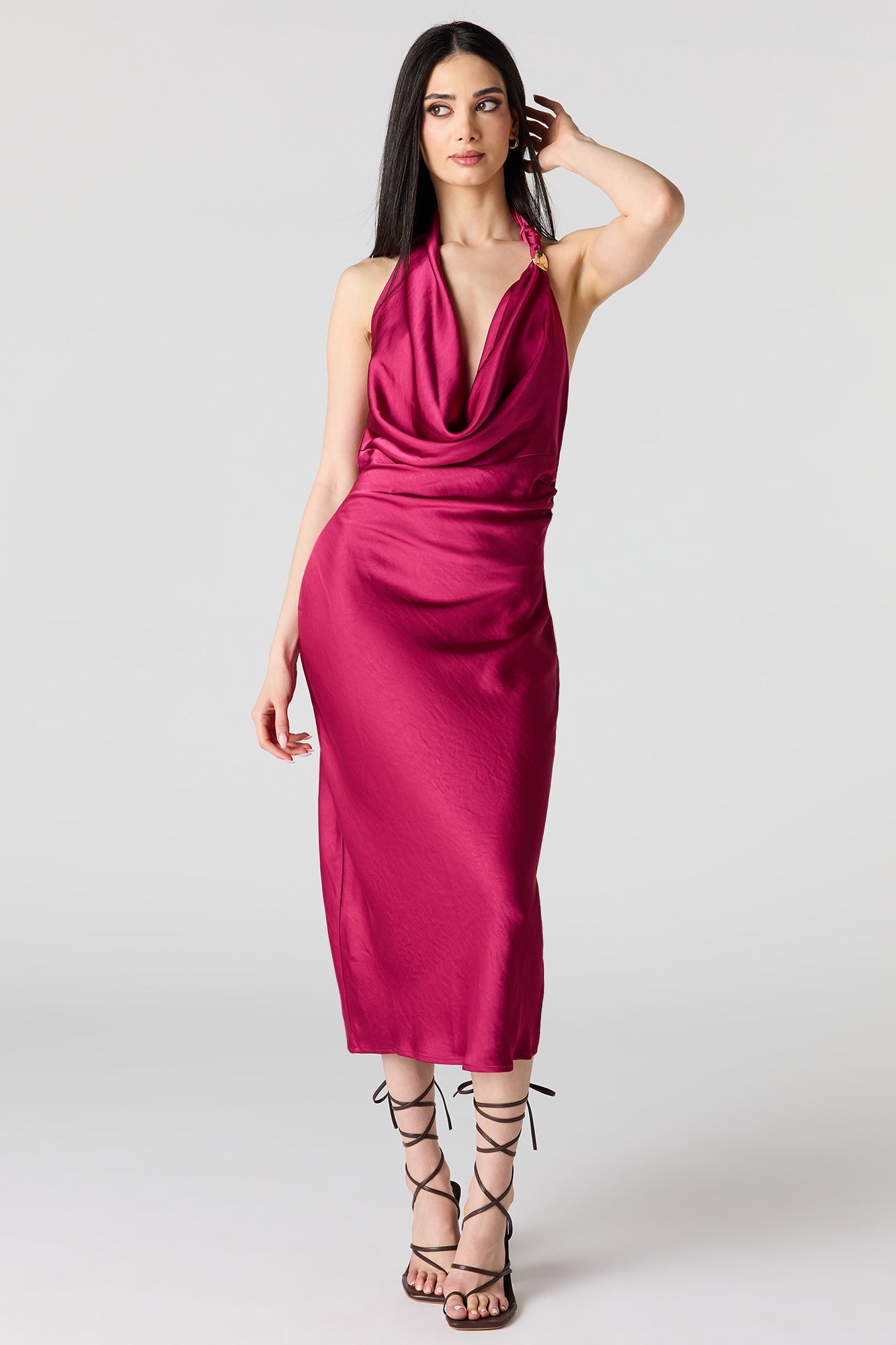 Satin Cowlneck Metal Ring Midi Dress