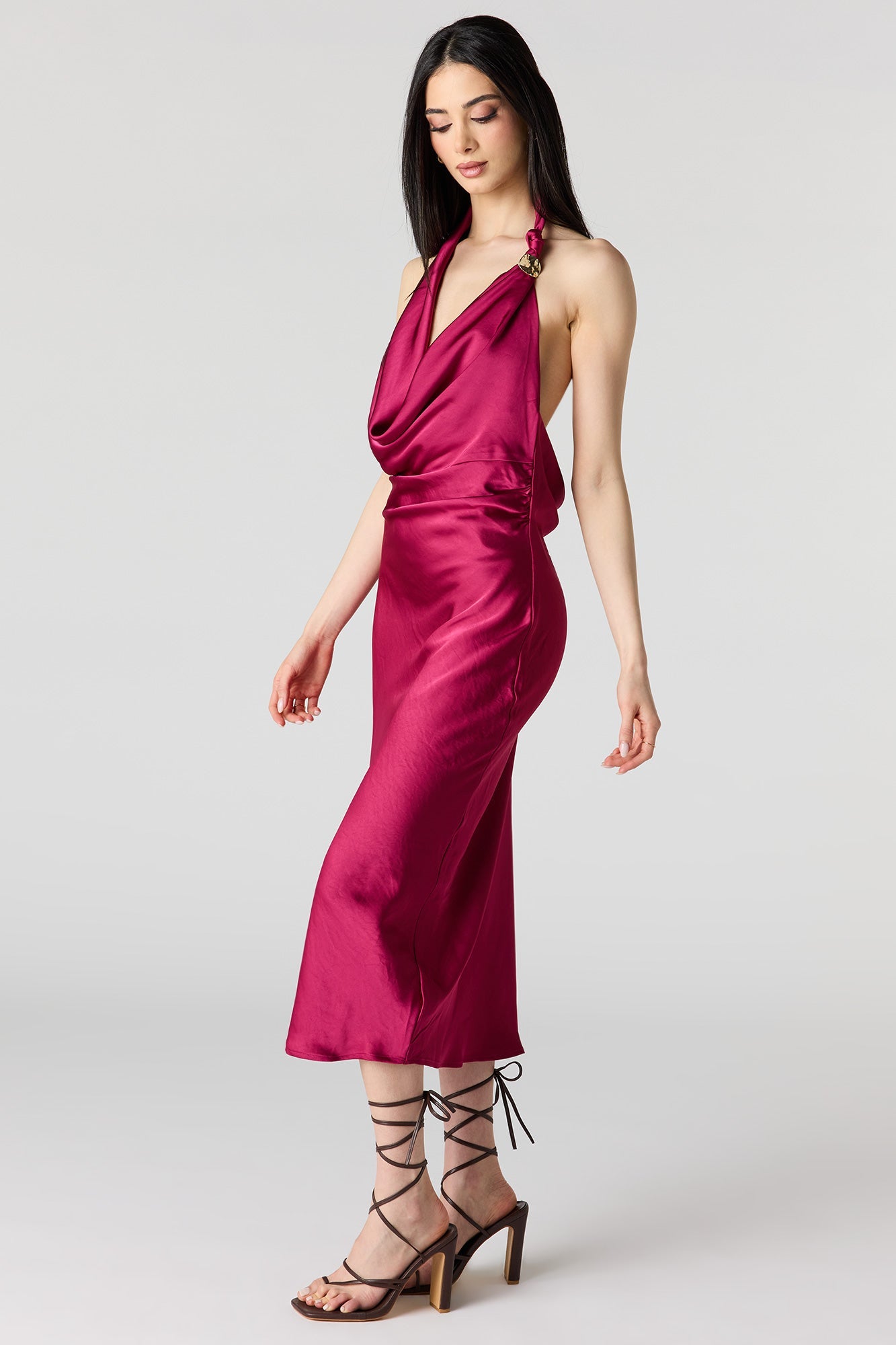 Satin Cowlneck Metal Ring Midi Dress