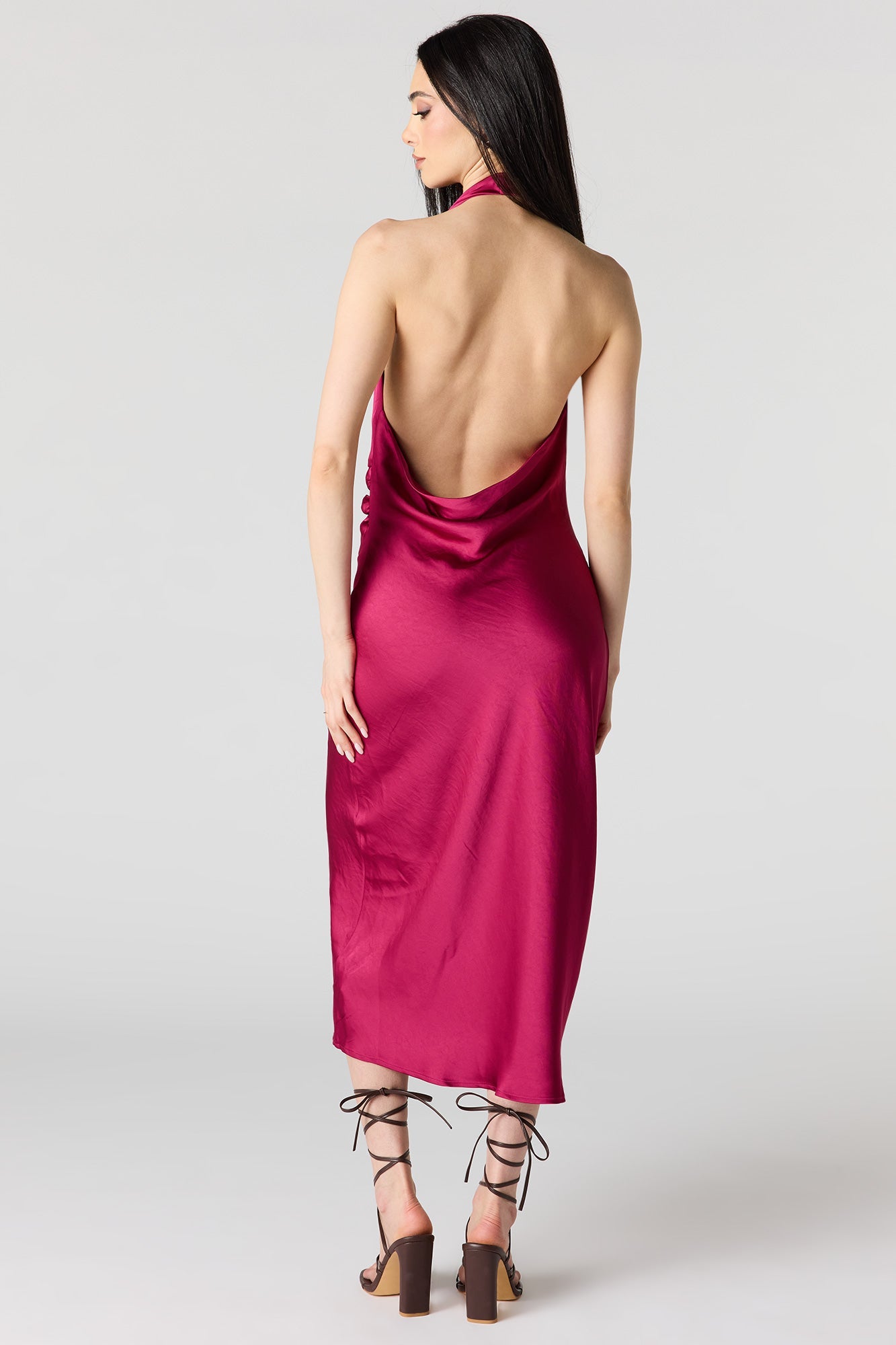Satin Cowlneck Metal Ring Midi Dress