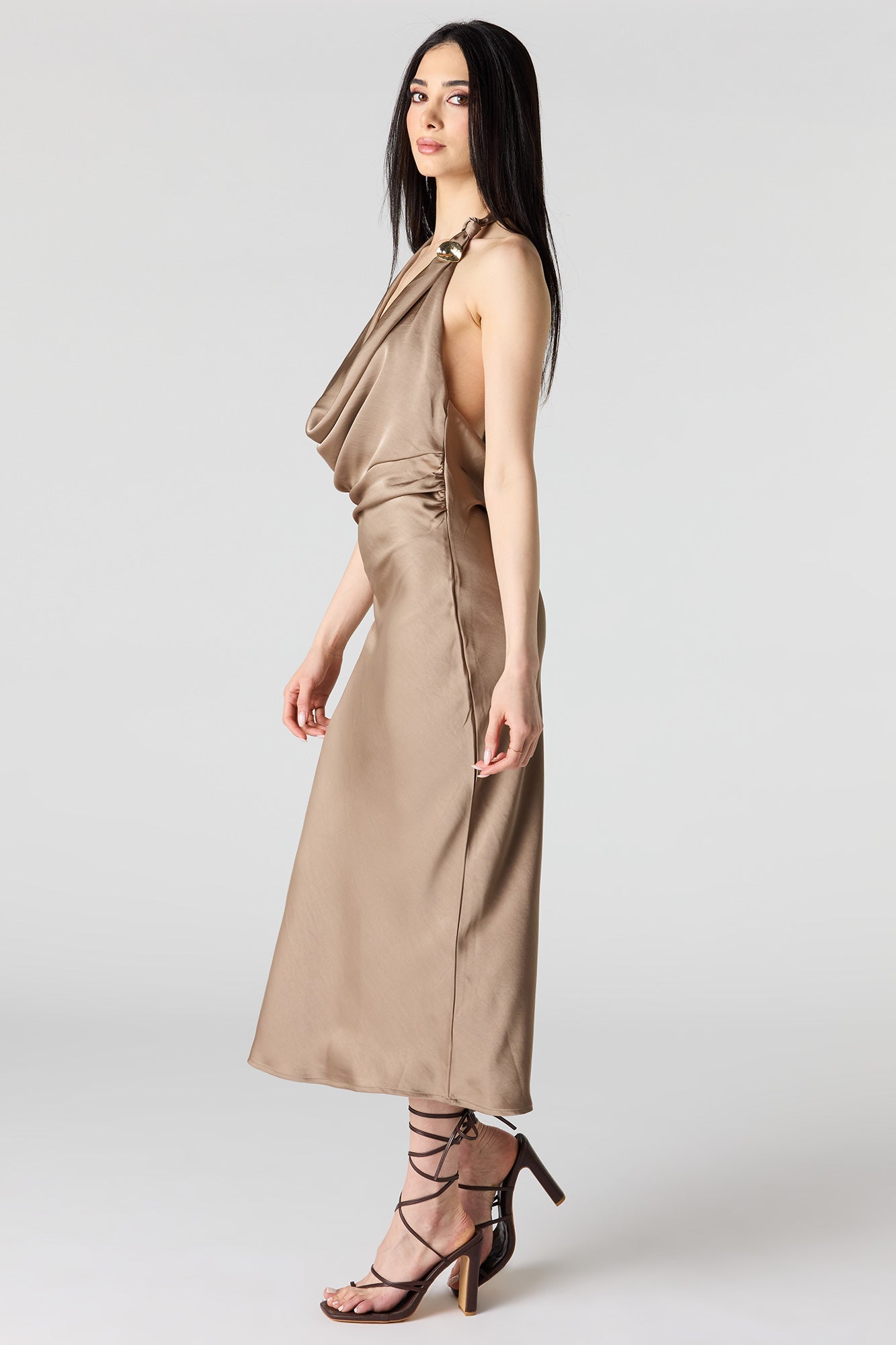 Satin Cowlneck Metal Ring Midi Dress