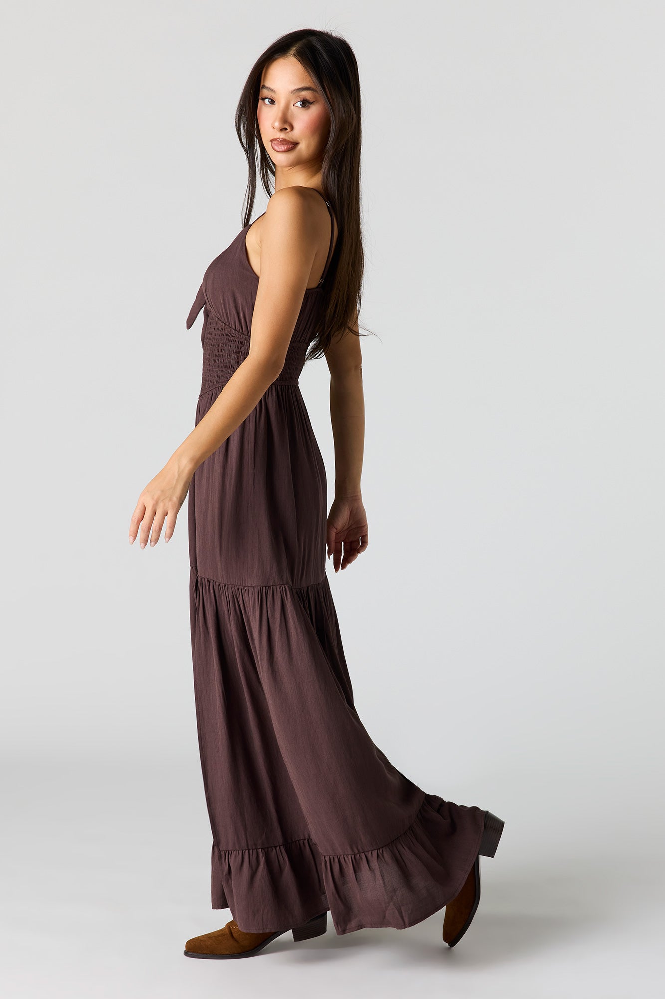 Crepe Smocked Tiered Slit Maxi Dress