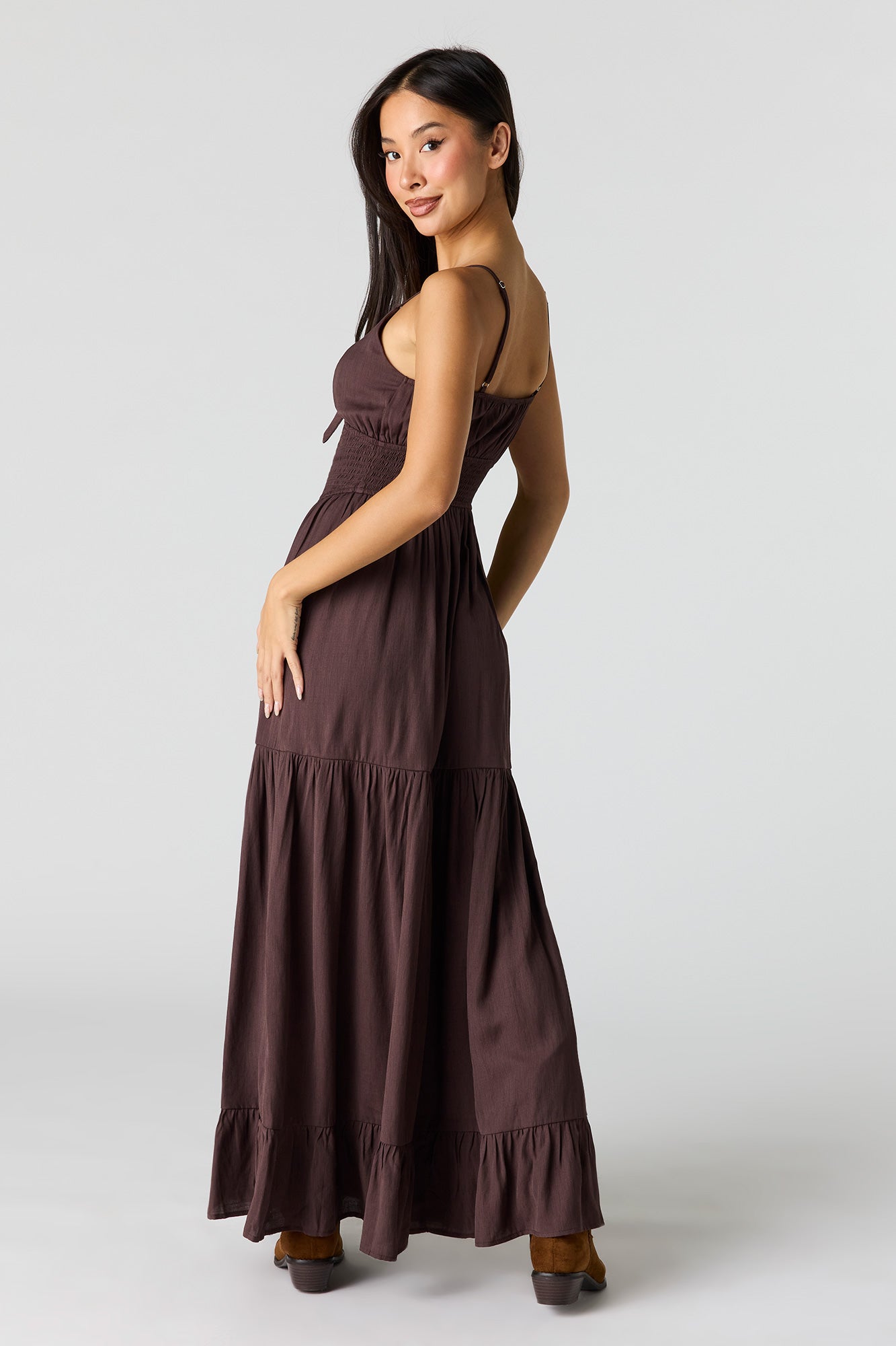 Crepe Smocked Tiered Slit Maxi Dress