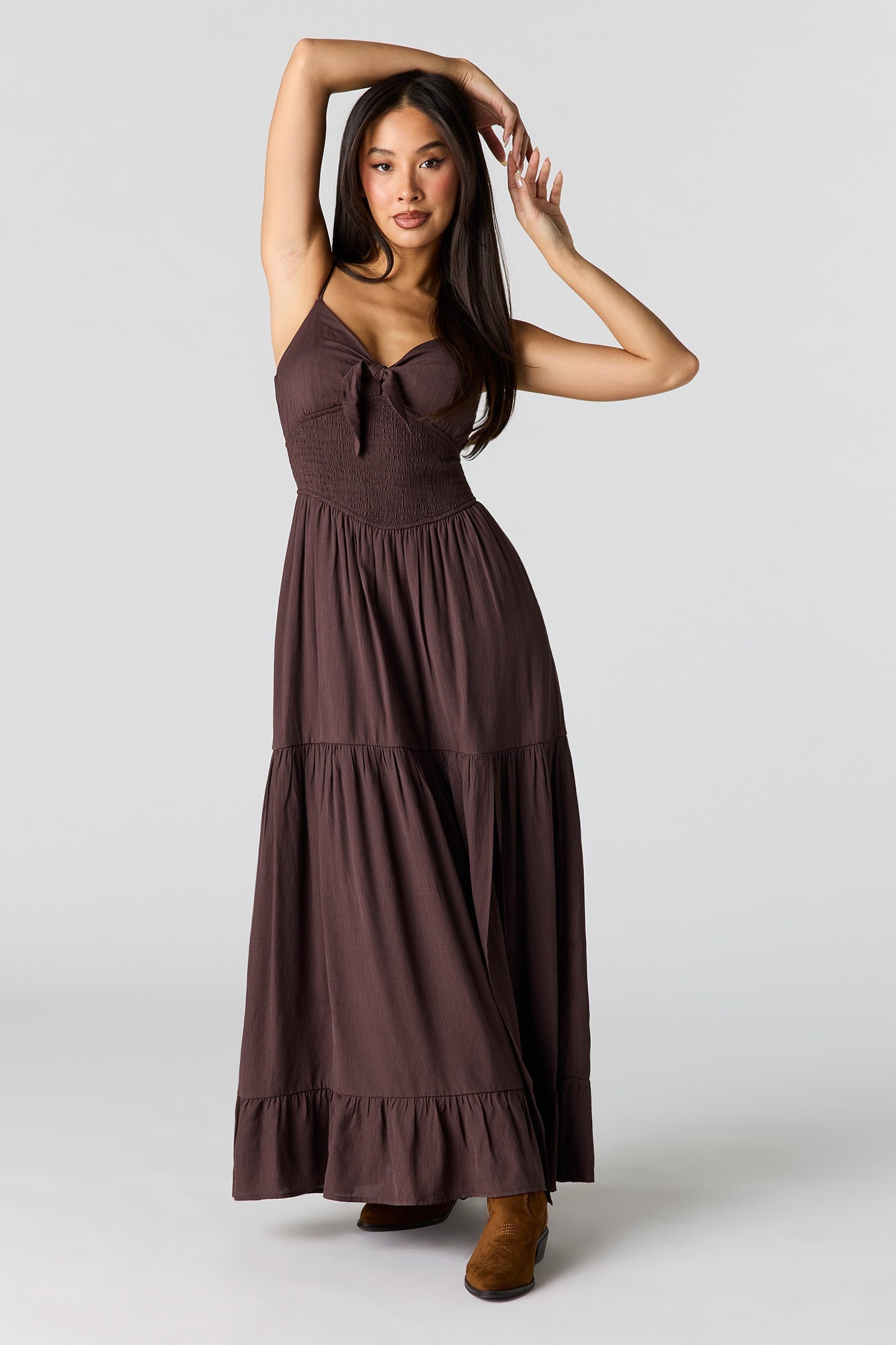 Crepe Smocked Tiered Slit Maxi Dress