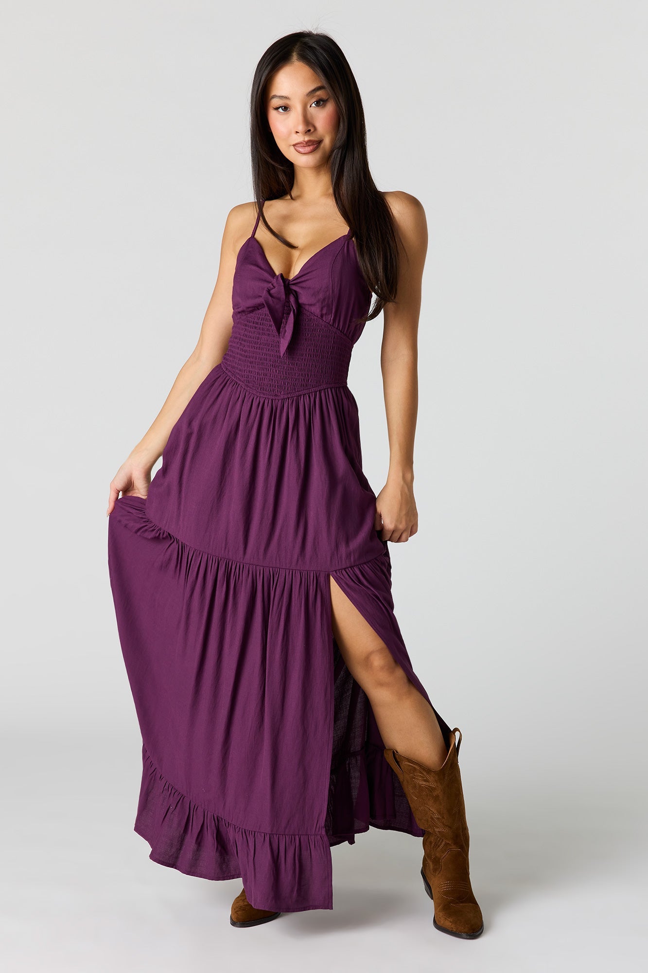 Crepe Smocked Tiered Slit Maxi Dress