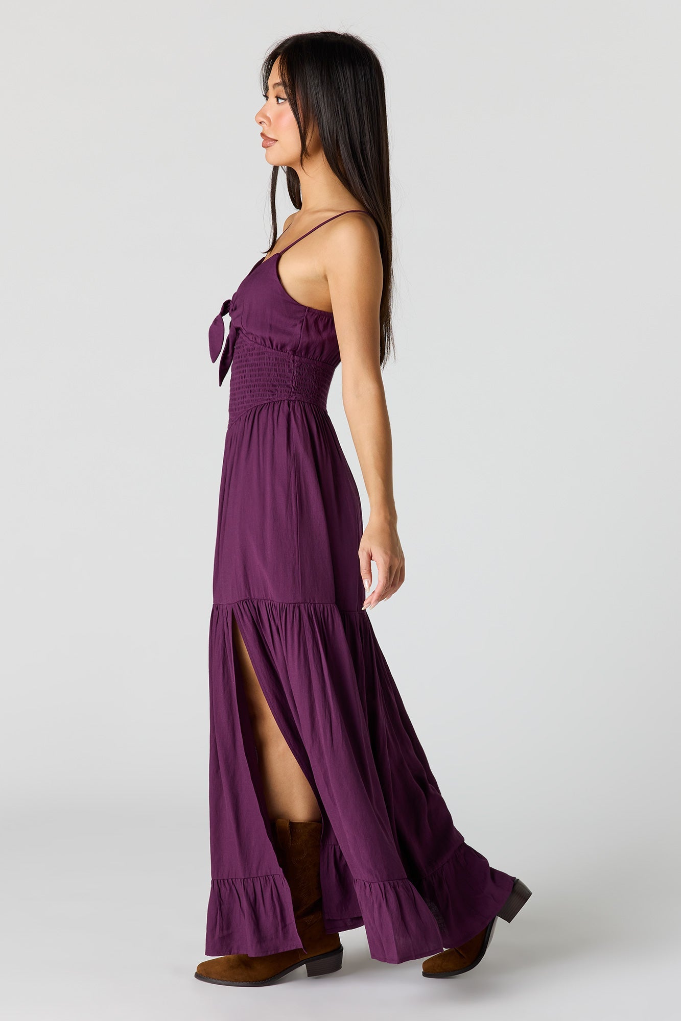 Crepe Smocked Tiered Slit Maxi Dress