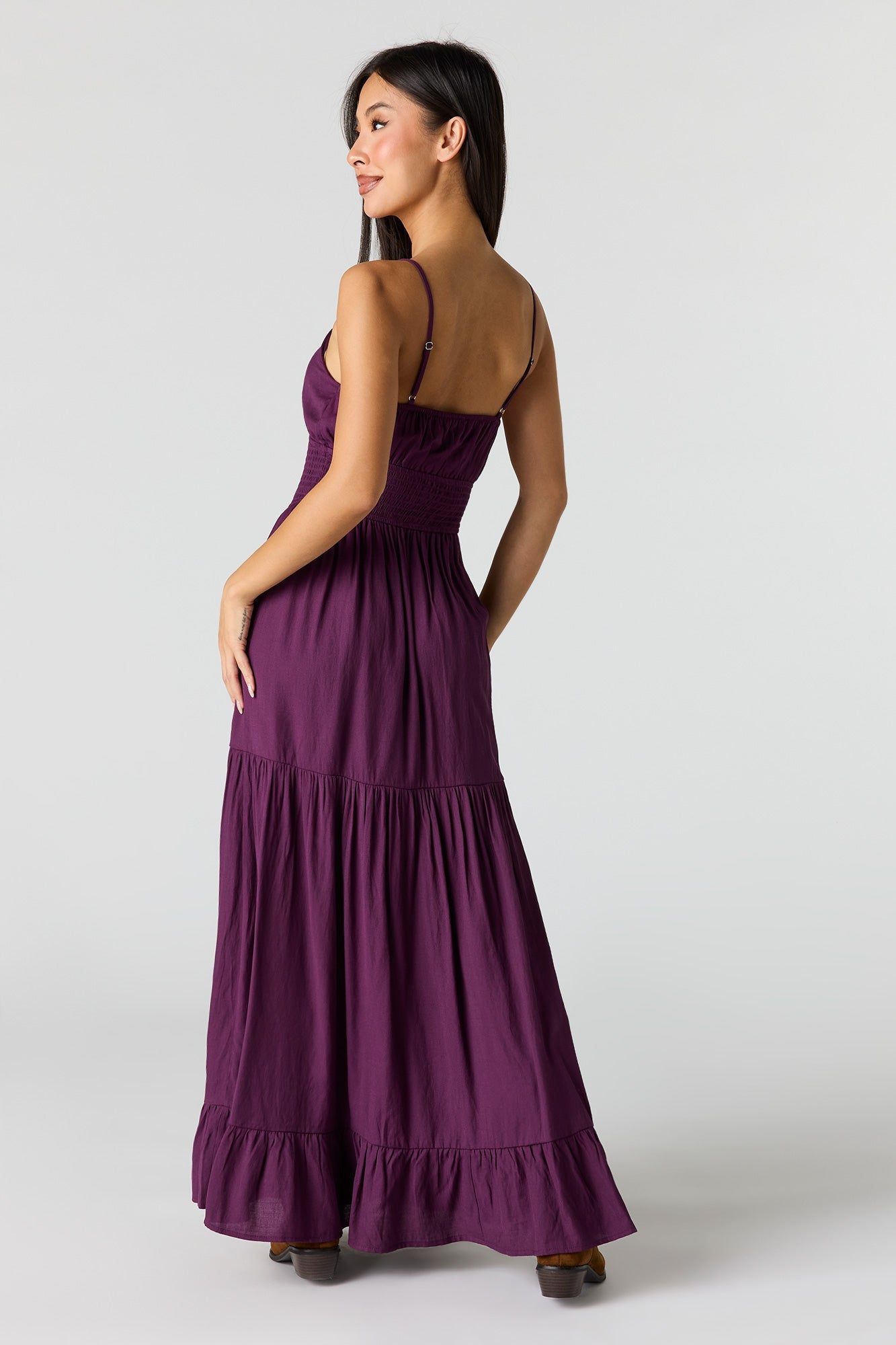 Crepe Smocked Tiered Slit Maxi Dress