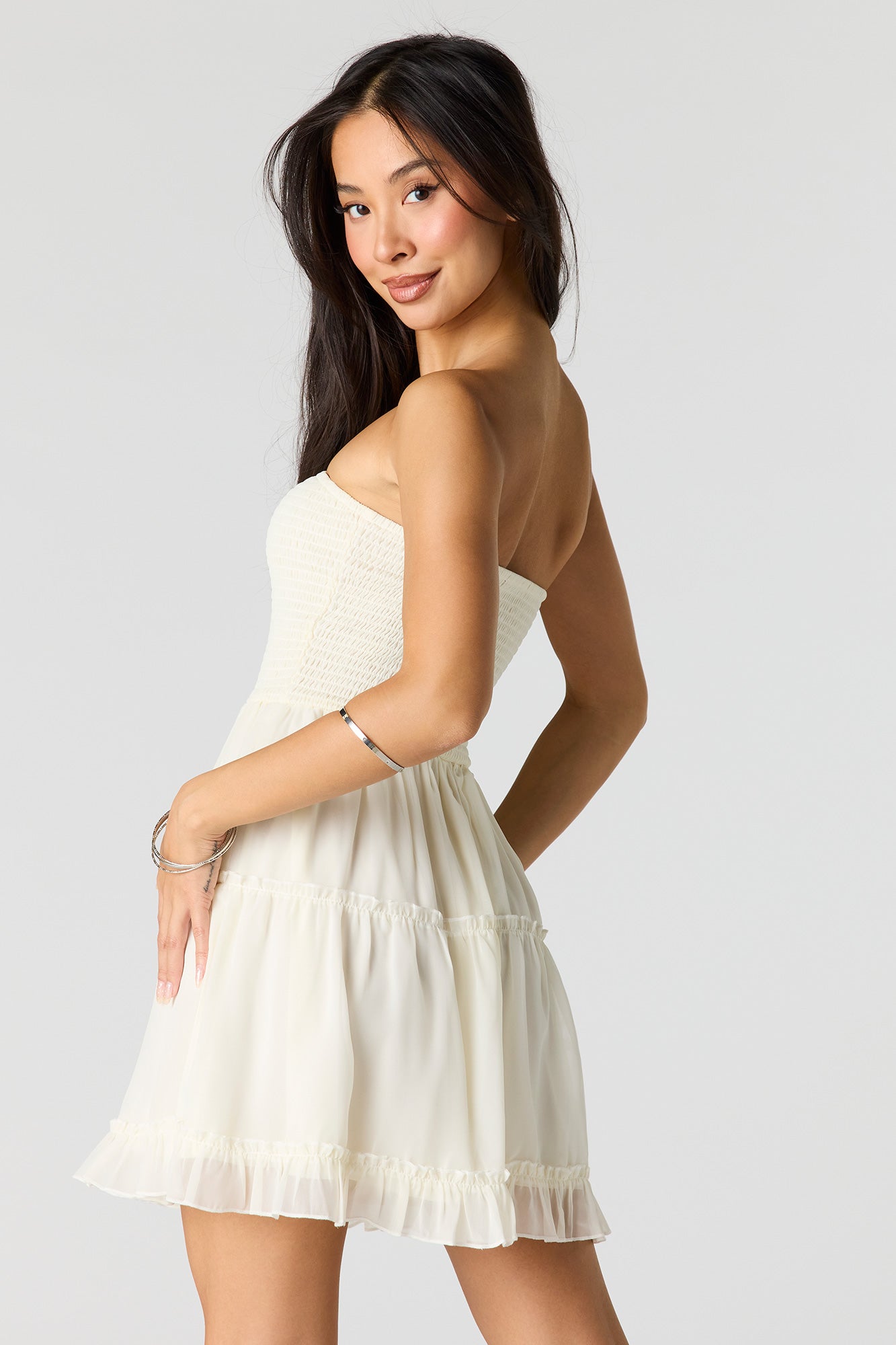 Smocked Chiffon Tiered Tube Mini Dress