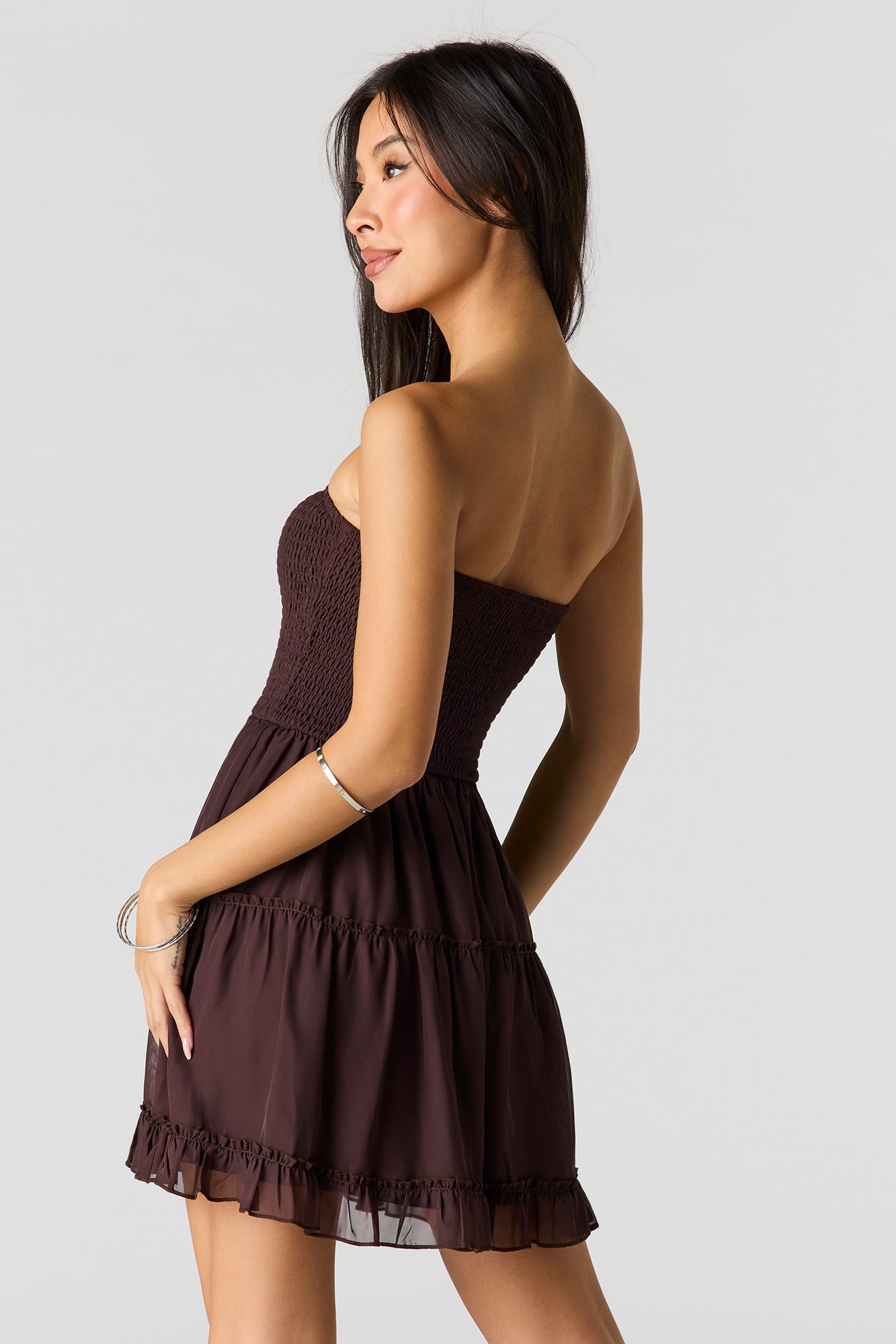 Smocked Chiffon Tiered Tube Mini Dress