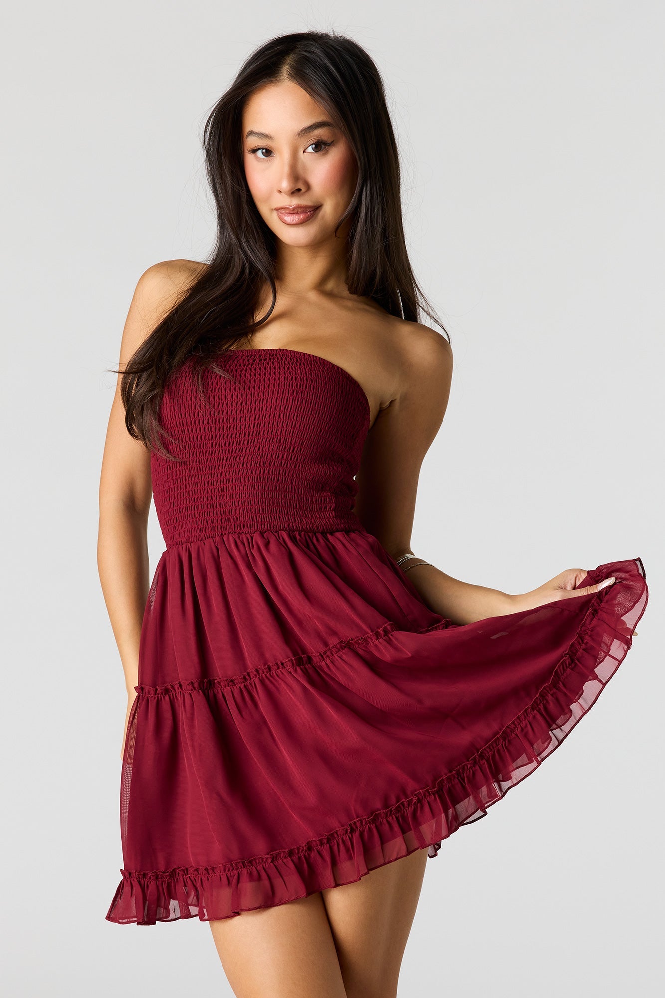 Smocked Chiffon Tiered Tube Mini Dress
