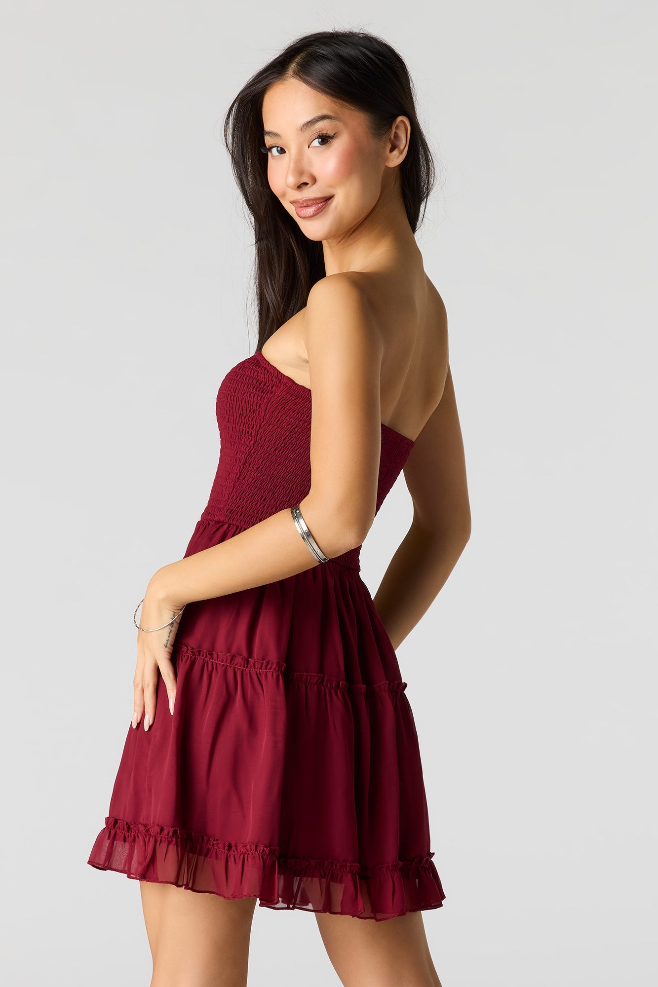 Smocked Chiffon Tiered Tube Mini Dress