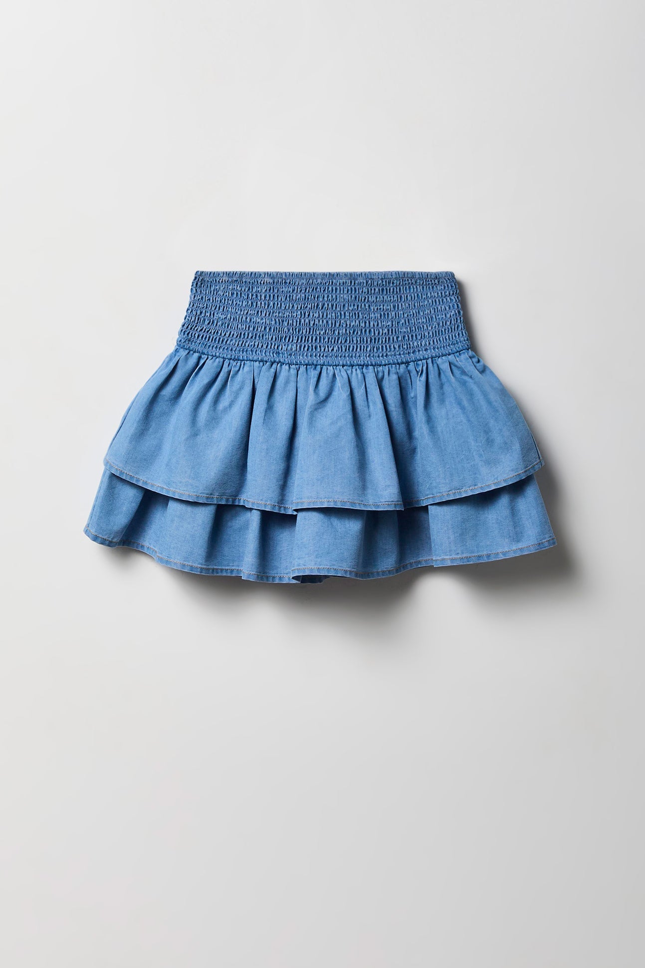 Girls Smocked Ruffle Tiered Chambray Skort