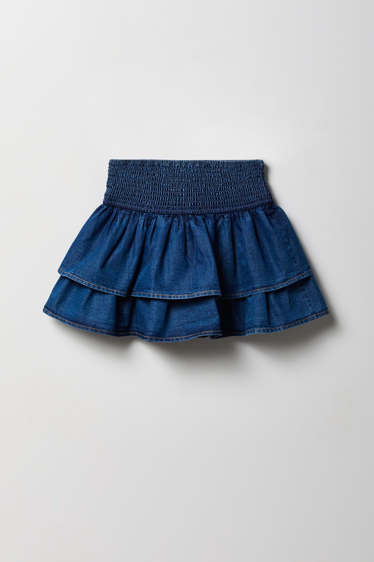 Girls Smocked Ruffle Tiered Chambray Skort
