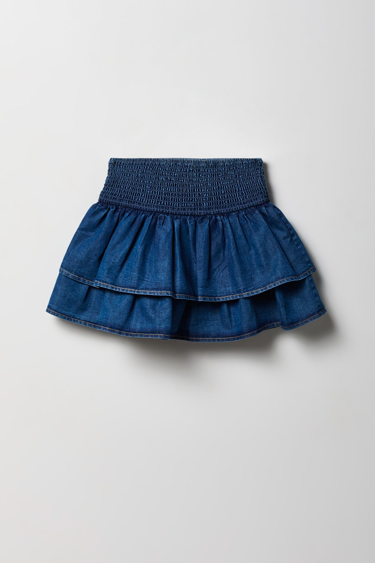 Girls Smocked Ruffle Tiered Chambray Skort