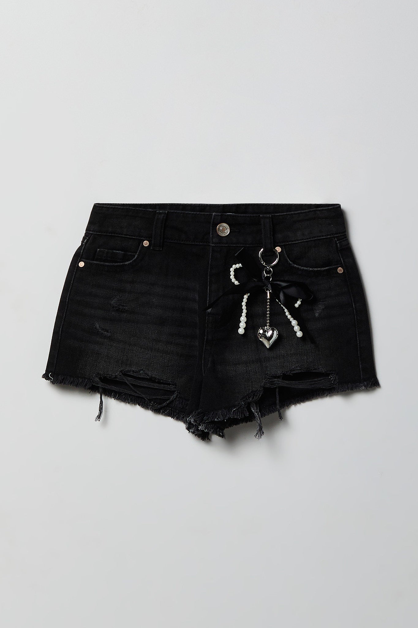 Girls Ripped High Rise Denim Short with Keychain