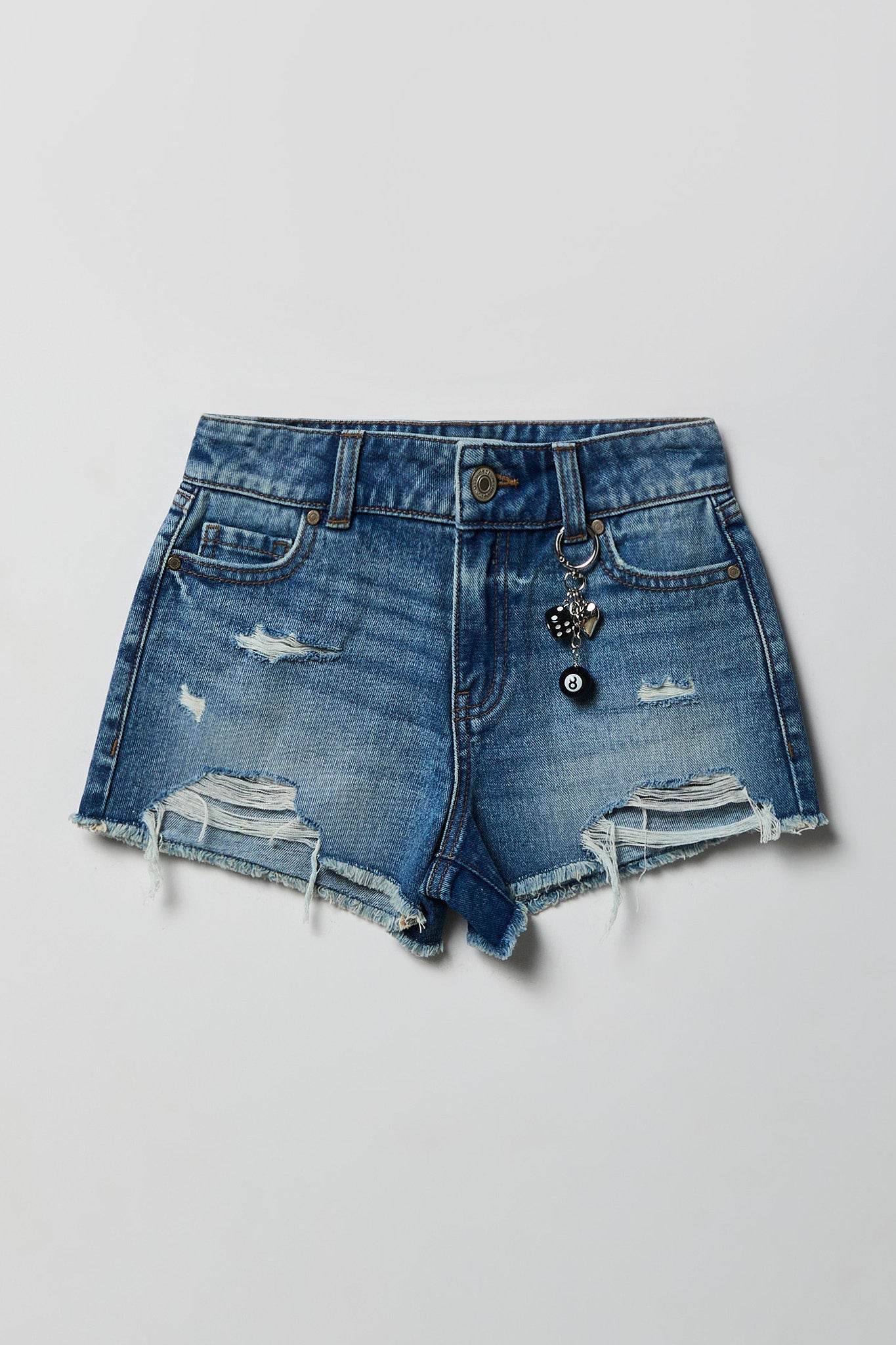 Girls Ripped High Rise Denim Short with Keychain