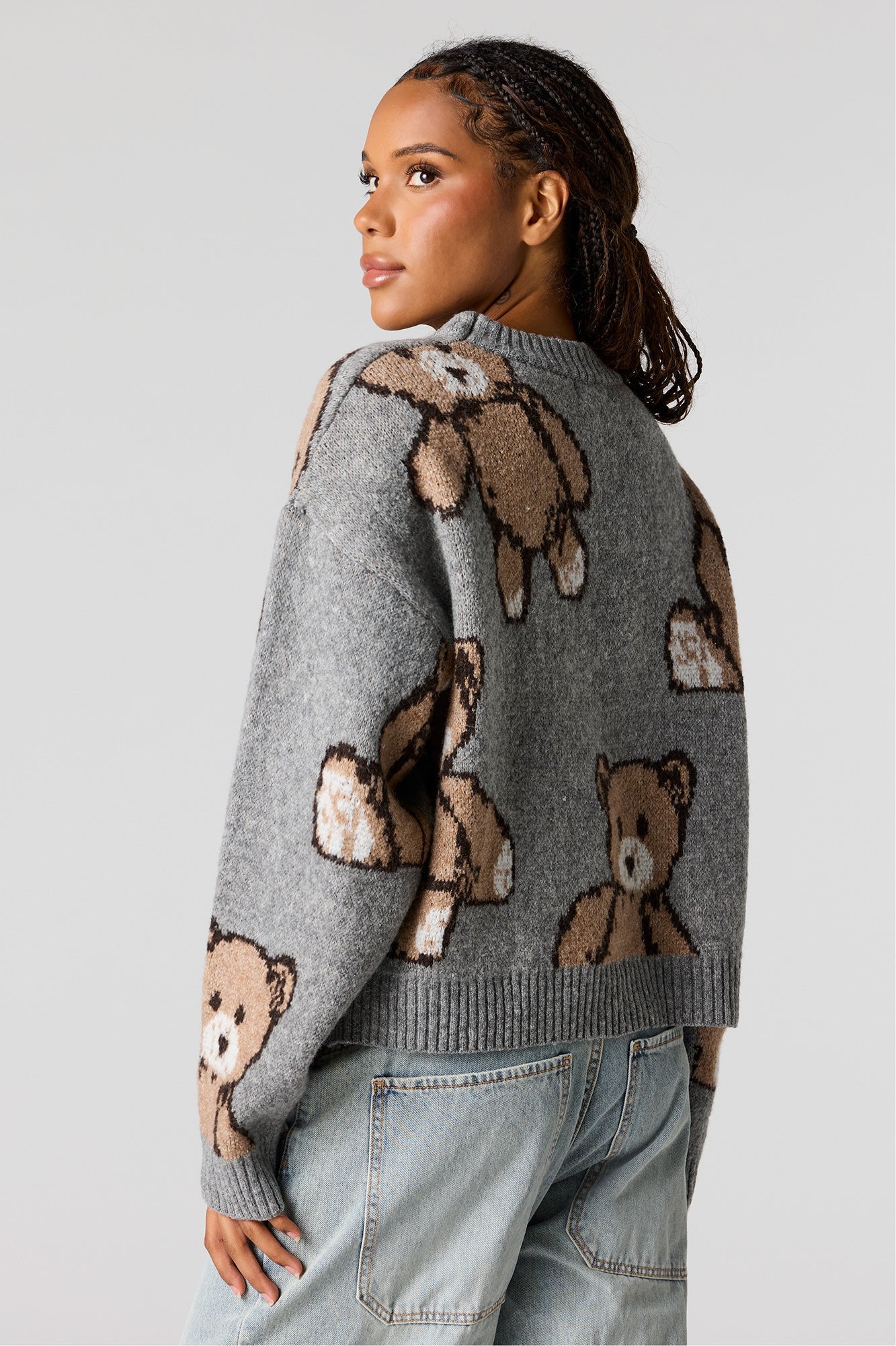 Teddy Bear Jacquard Knit Cropped Sweater