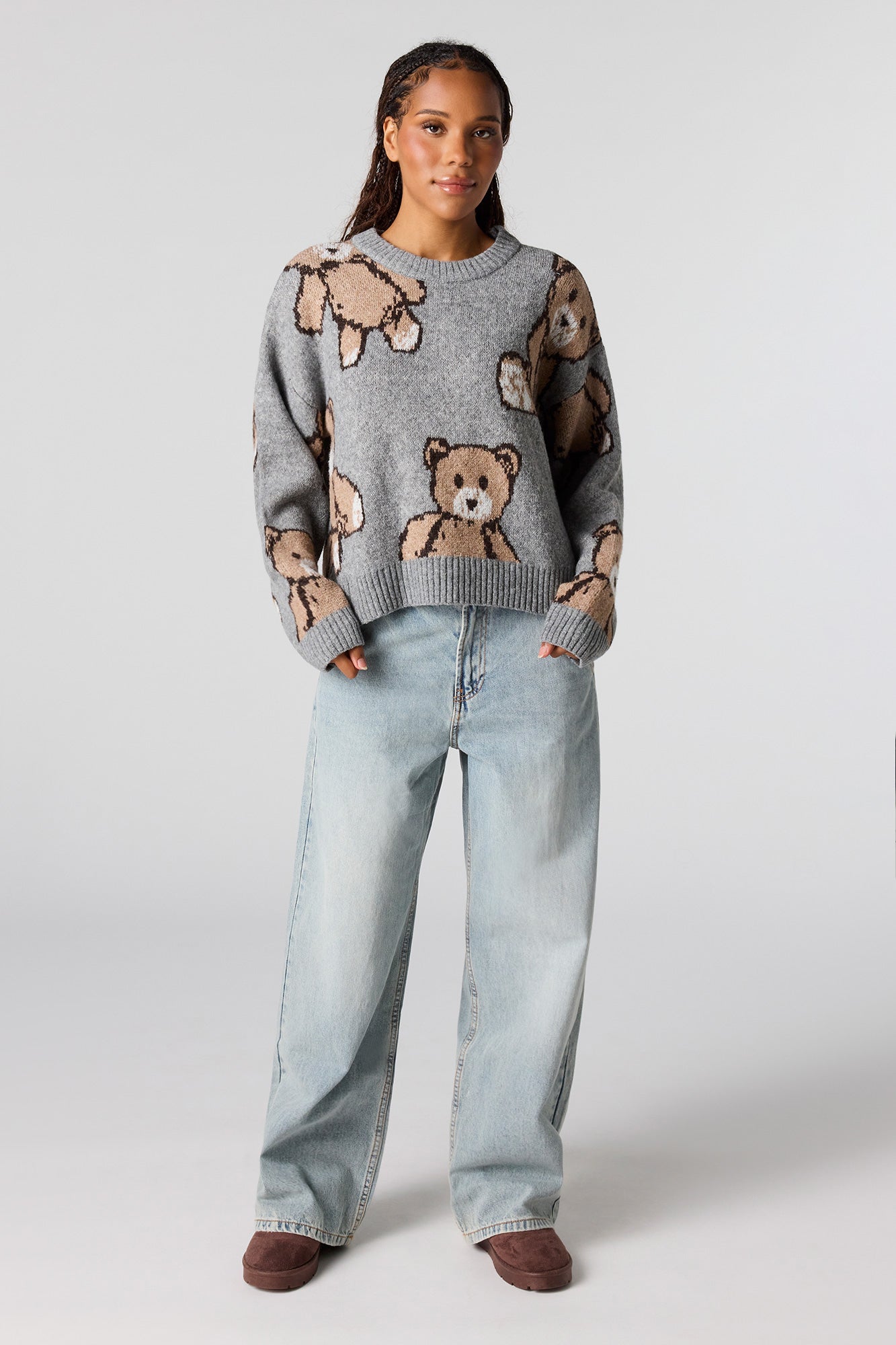 Teddy Bear Jacquard Knit Cropped Sweater