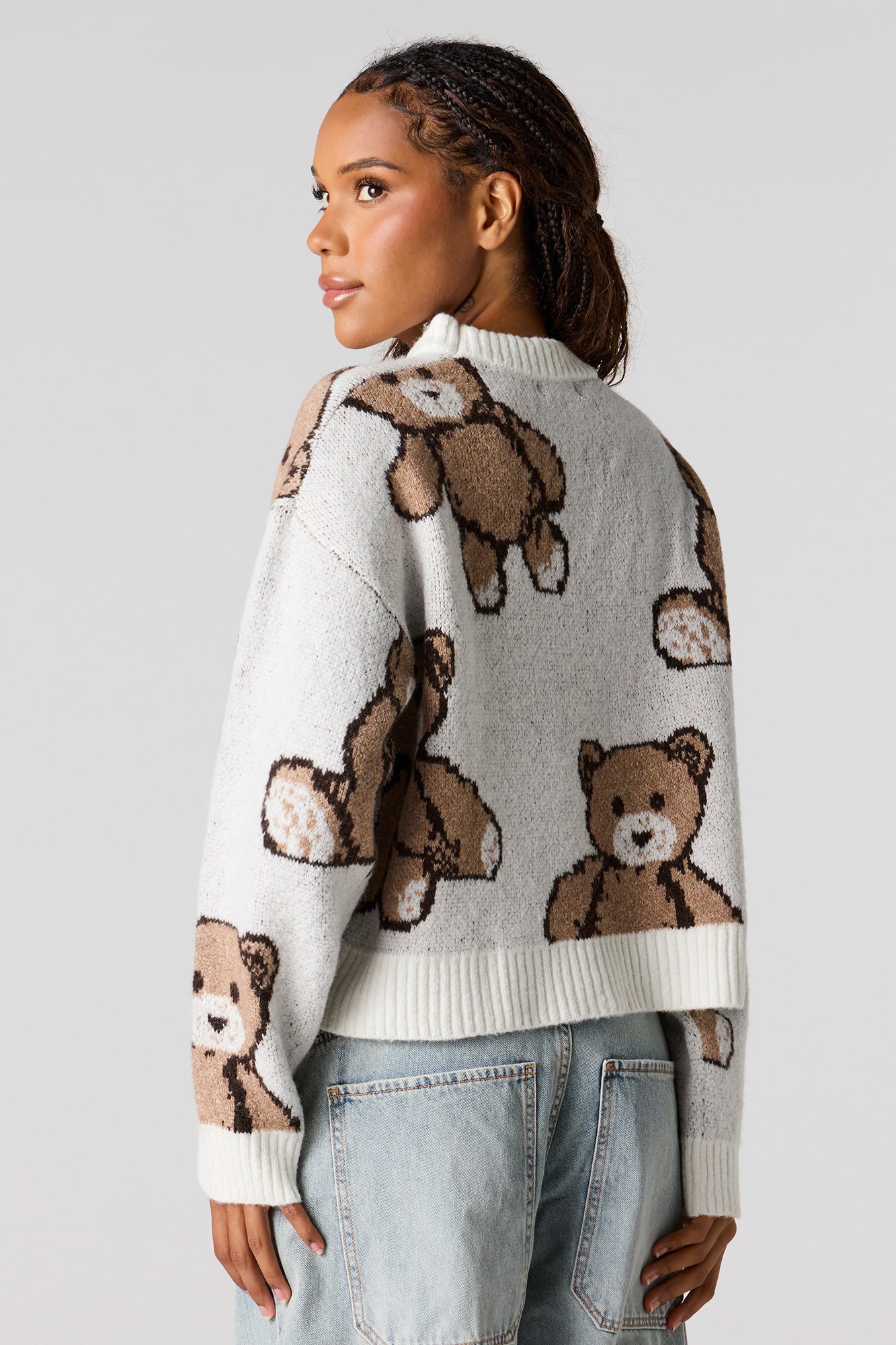 Teddy Bear Jacquard Knit Cropped Sweater