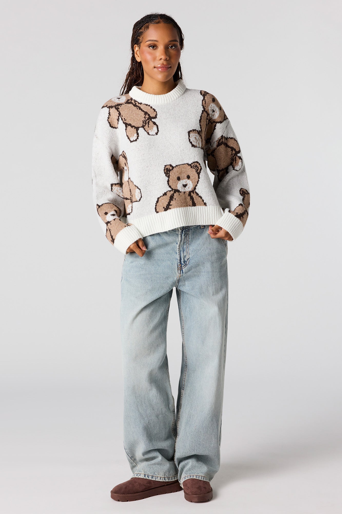 Teddy Bear Jacquard Knit Cropped Sweater