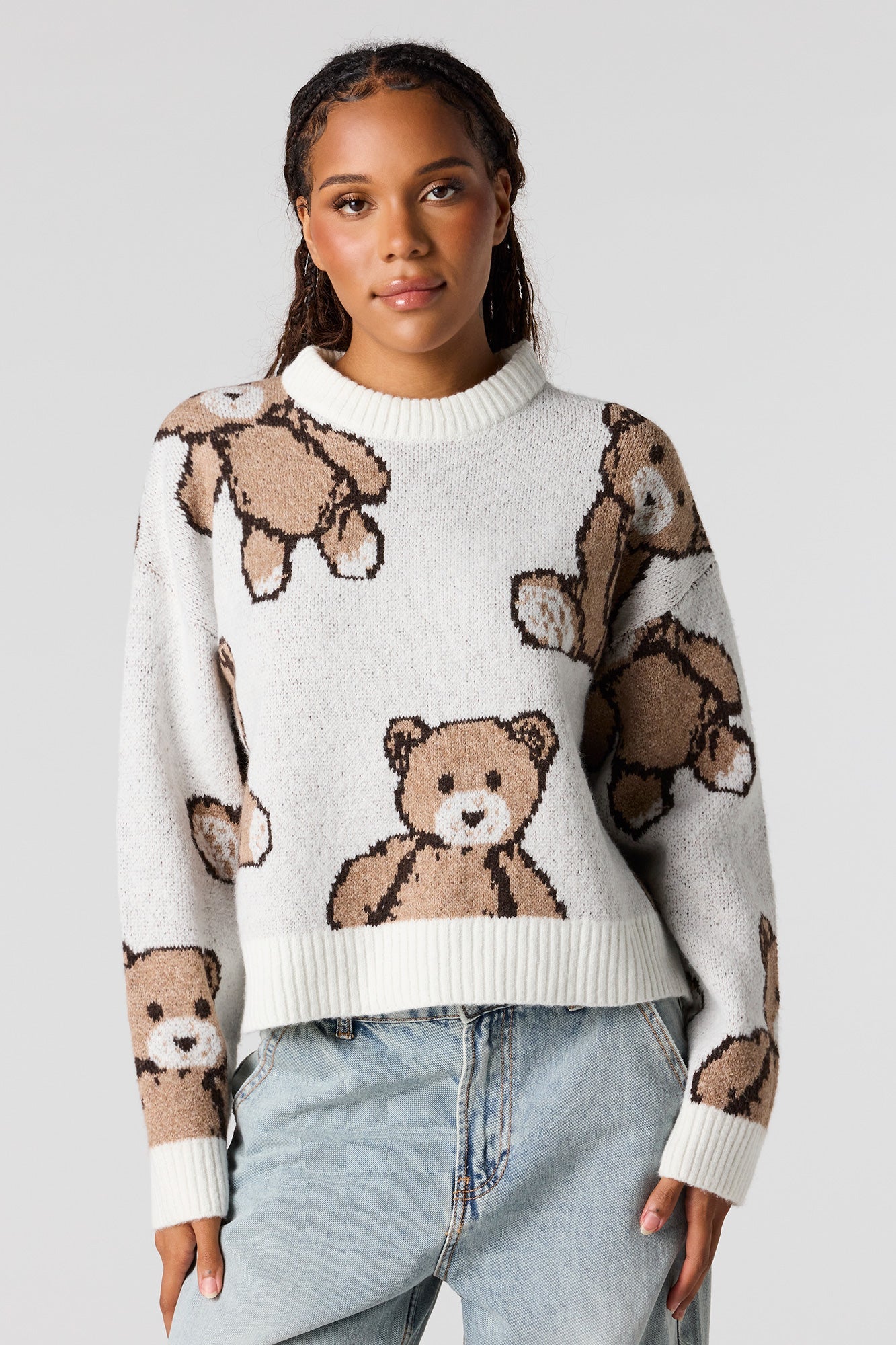 Teddy Bear Jacquard Knit Cropped Sweater