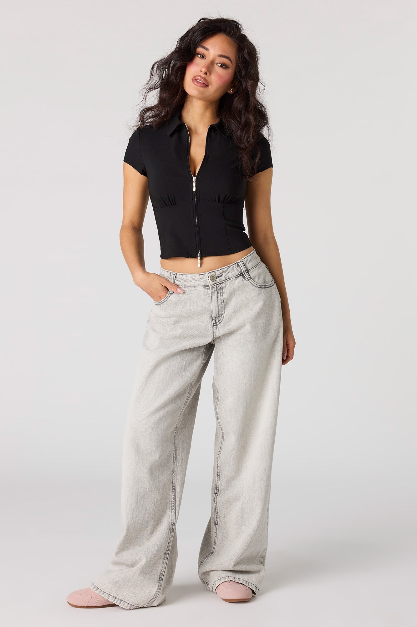 Zip-Up Collared Fitted Top