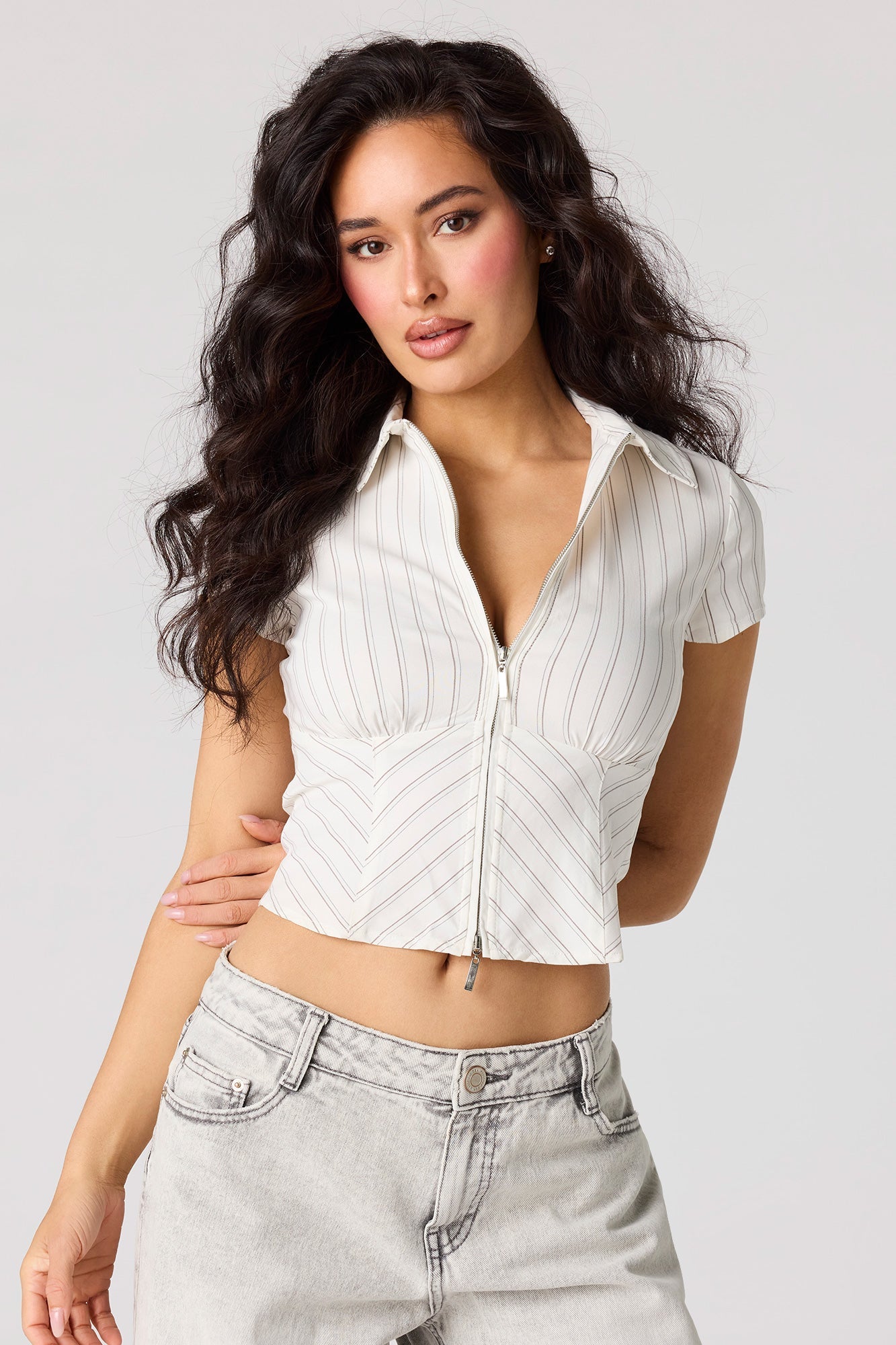 Zip-Up Collared Fitted Top