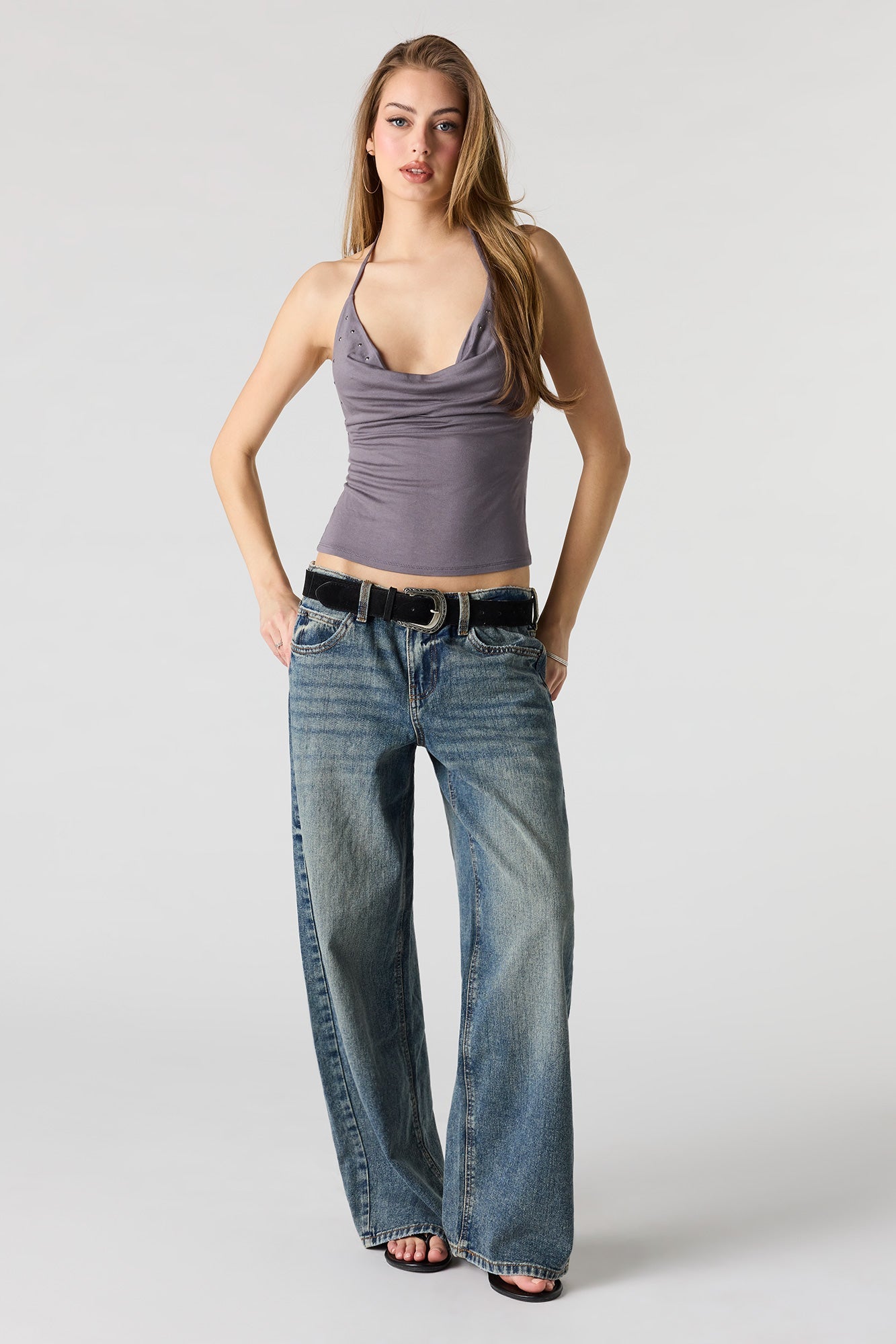 Studded Cowl Neck Halter Top