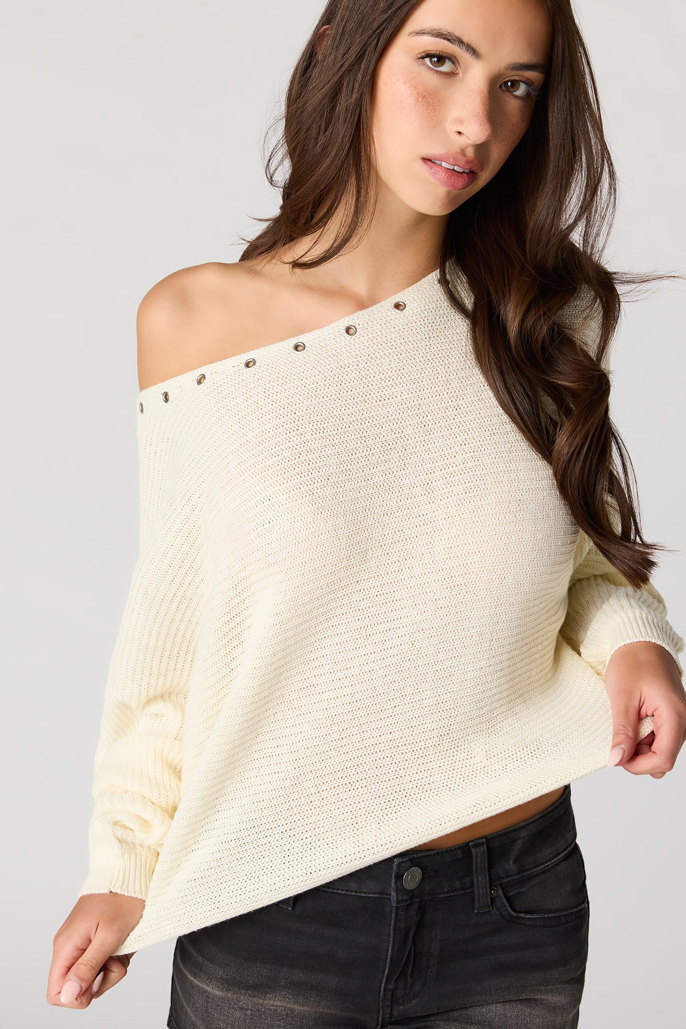 Eyelet Off-Shoulder Sweater
