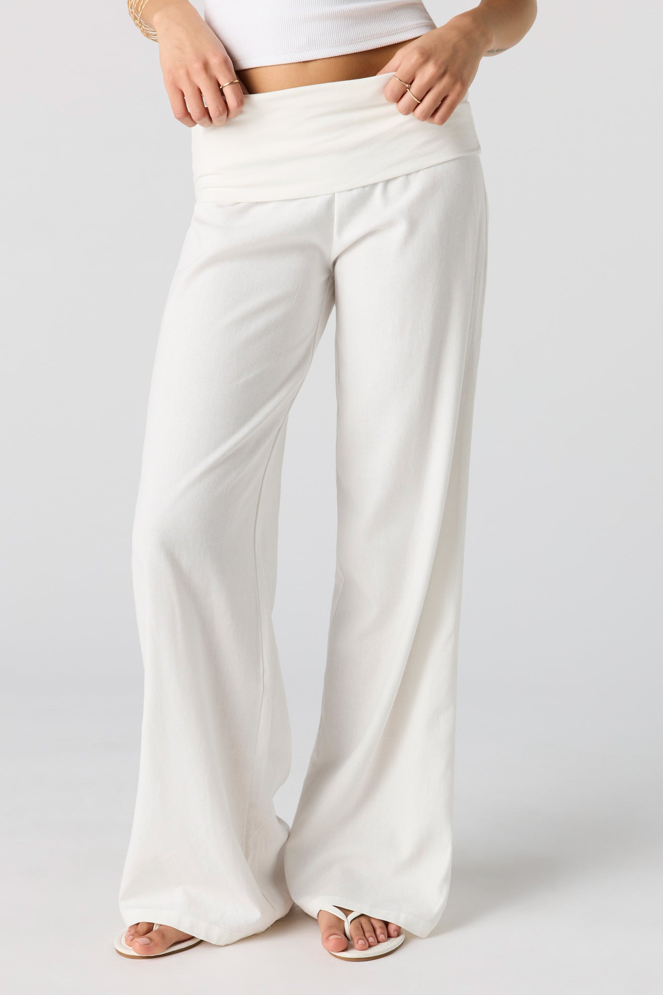 Linen-Blend Foldover Waist Wide Leg Pant
